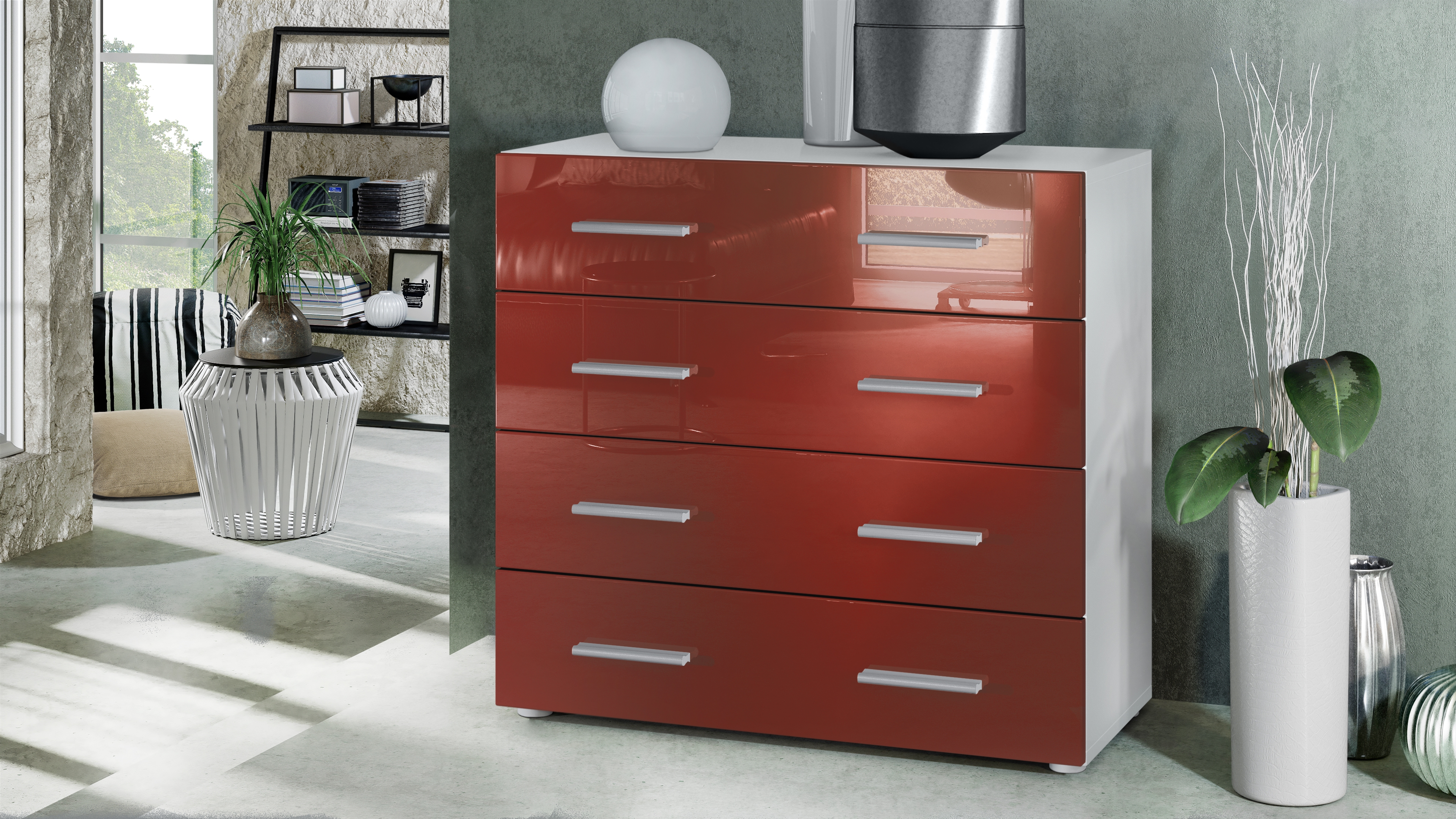 Kommode Pavos V1 ​mit 4 Schubladen Weiß matt/Bordeaux Hochglanz (76 x 72 x 35 cm)