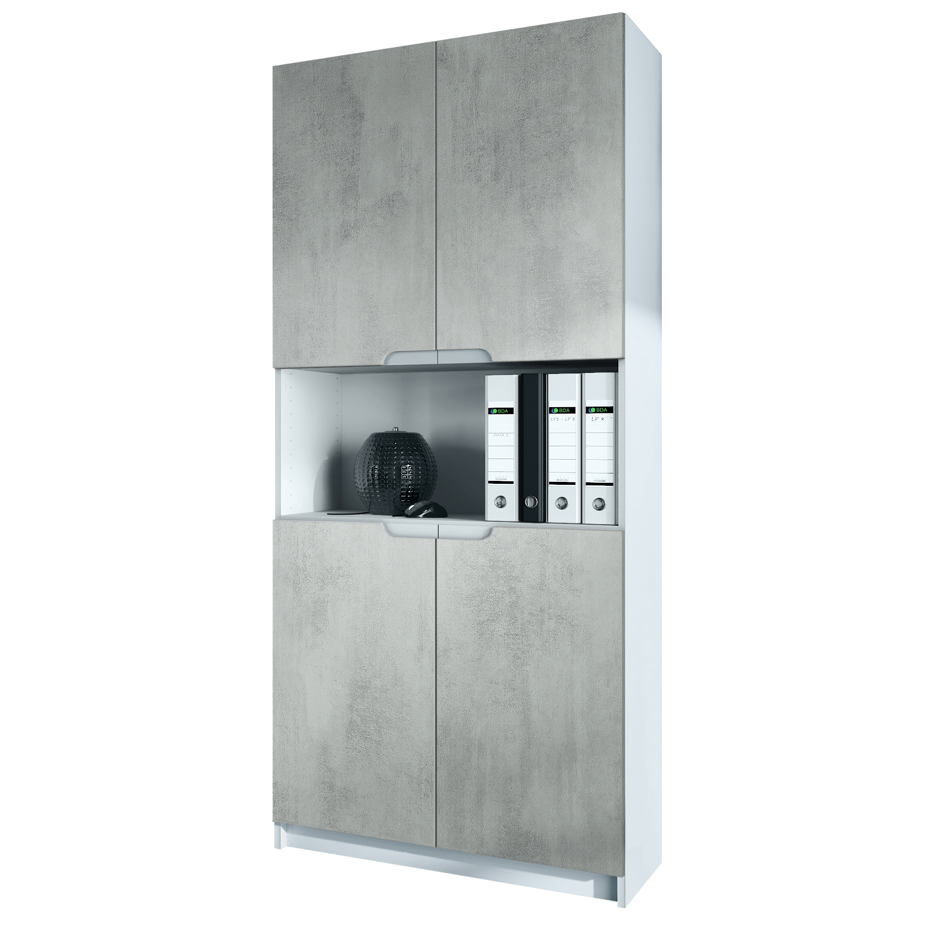 Büroschrank Logan V2 mit 5 Fächern und 4 Türen Weiß matt/Beton Oxid Optik (82 x 185 x 37 cm)