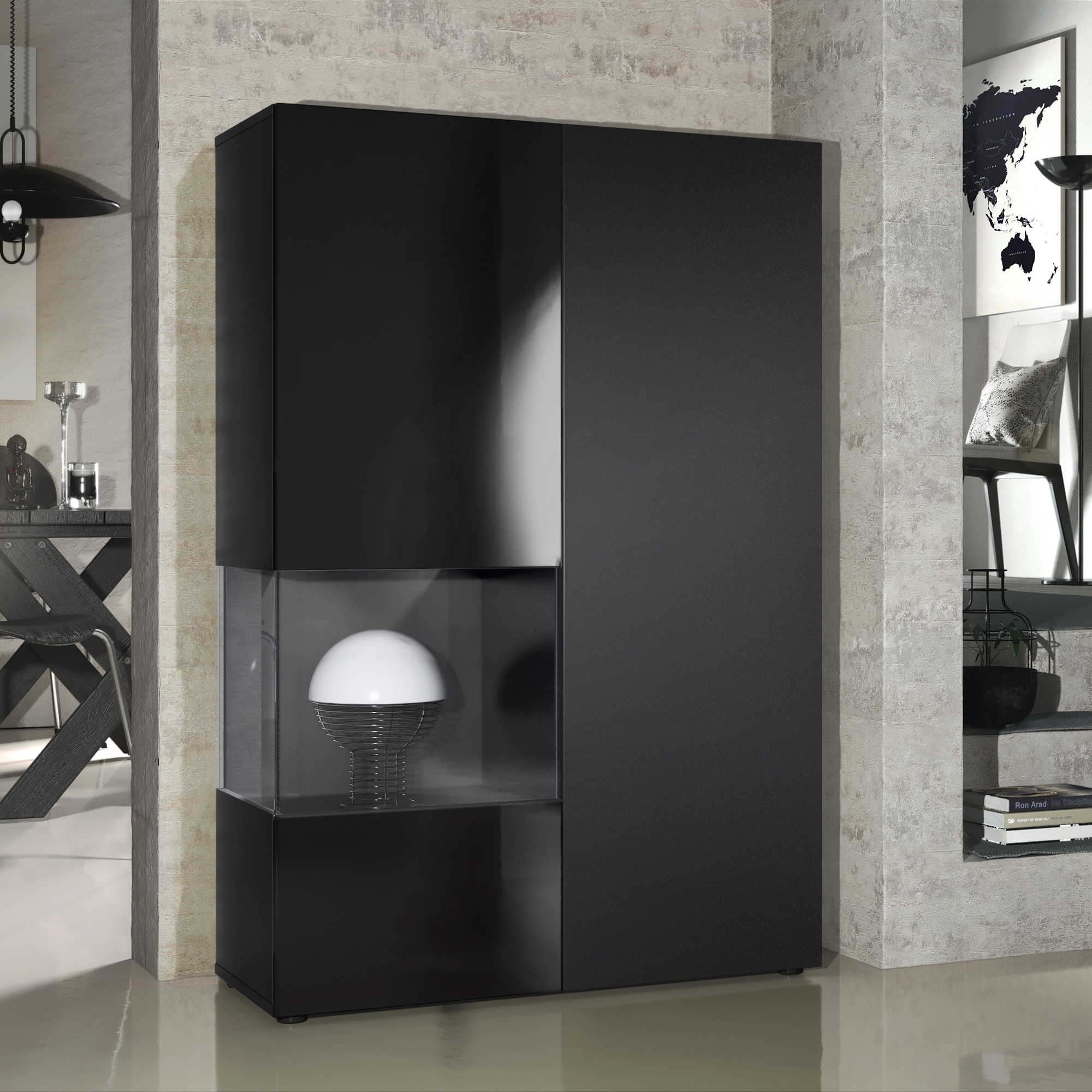 Vitrine Morena  mit 2 Türen dahinter ingesamt 7 Fächer Schwarz matt/Schwarz Hochglanz (92 x 135 x 37 cm)