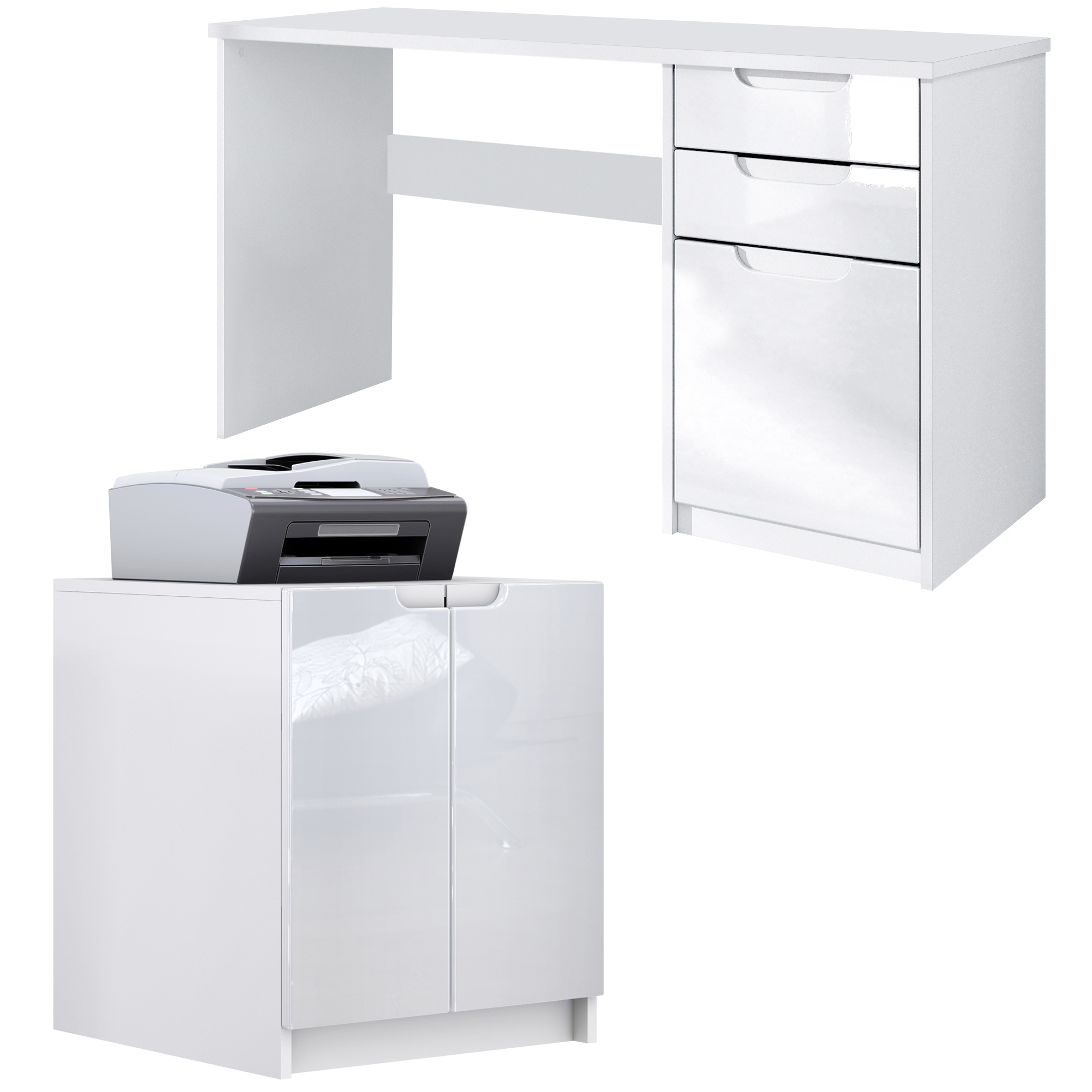 Büromöbel-Set Paris mit 1 Schreibtisch und 1 Druckerkommode Weiß matt / Weiß Hochglanz