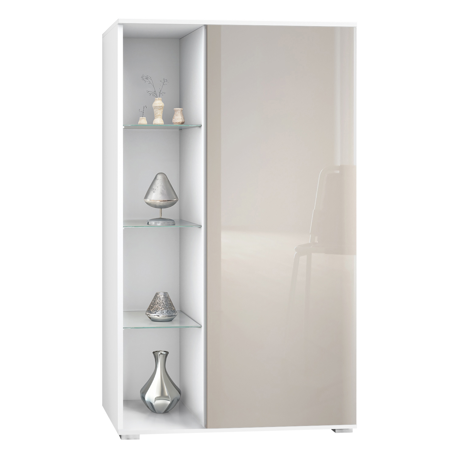 Vitrine Davos mit 3 Glasböden und 8 Fächer Weiß matt/Sandgrau Hochglanz (71,5 x 134 x 35 cm)