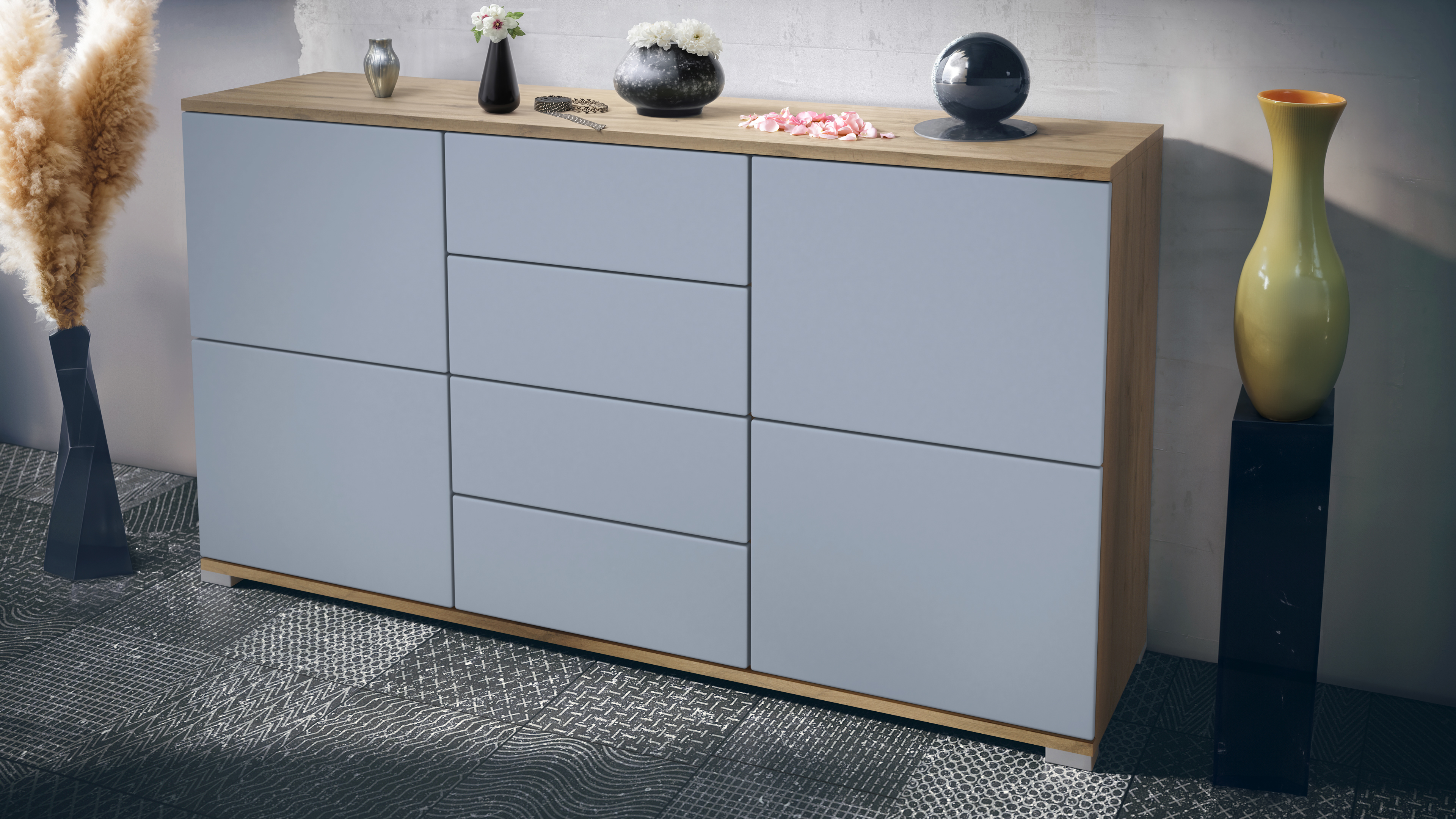 Sideboard Rova V1 4 Schubladen, Made in Germany, Eiche Evoke/Denim matt (138,5 x 75,5 x 35)