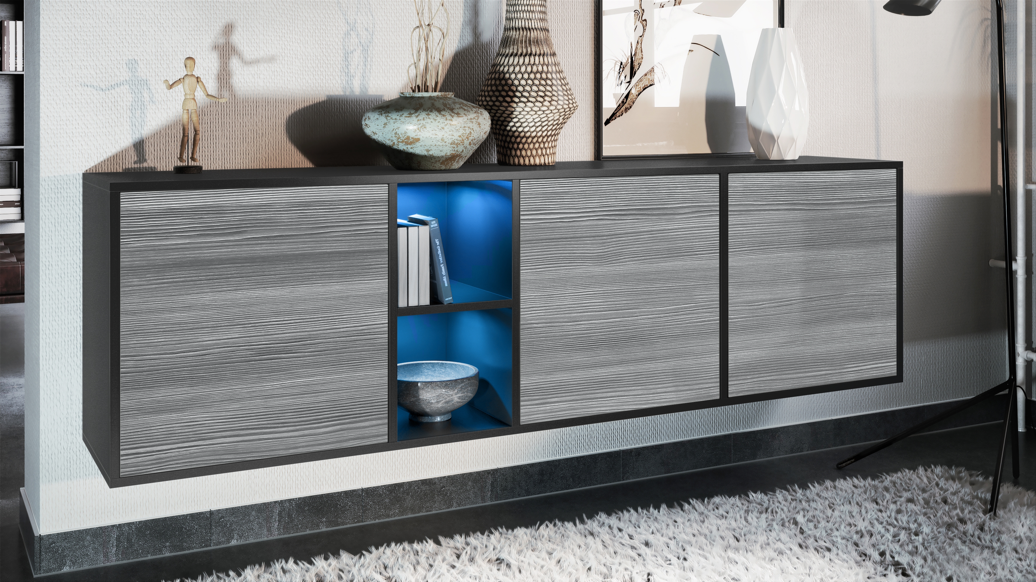 Sideboard Cuba  mit 3 Türen und 2 offene Fächer Schwarz matt/Avola-Anthrazit inkl. LED-Beleuchtung (182 x 53 x 35 cm)