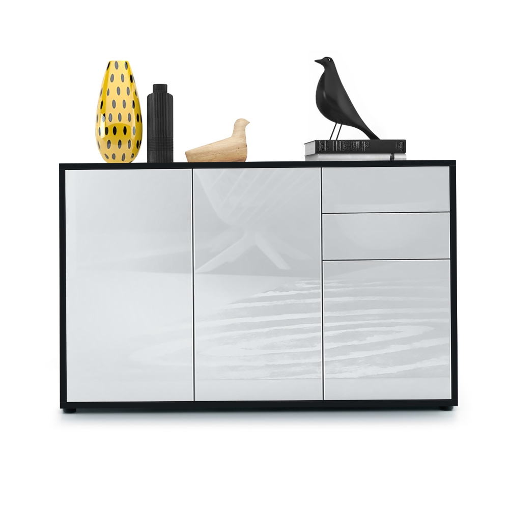 Kommode Ben V3  mit 3 Türen und 2 Schubladen Schwarz matt/Weiß Hochglanz (117 x 74 x 36 cm)