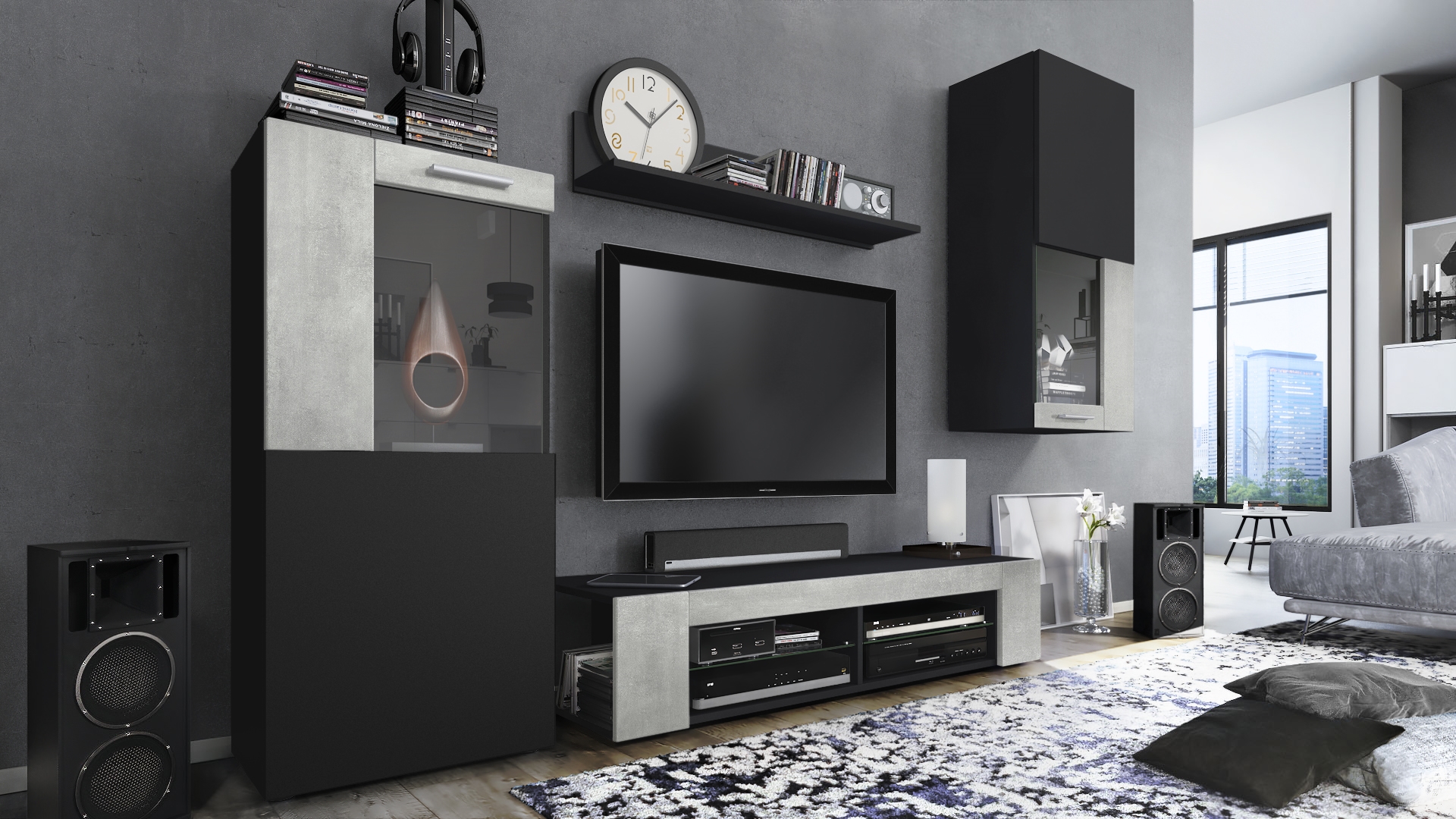 Wohnwand Movie 4-tlg. Schwarz   bestehend aus 1 TV-Board, 2 Vitrinen und 1 Regal Schwarz matt/Schwarz matt/Beton Oxid-Optik (Gesamt: 300 x 190 x 39 cm)