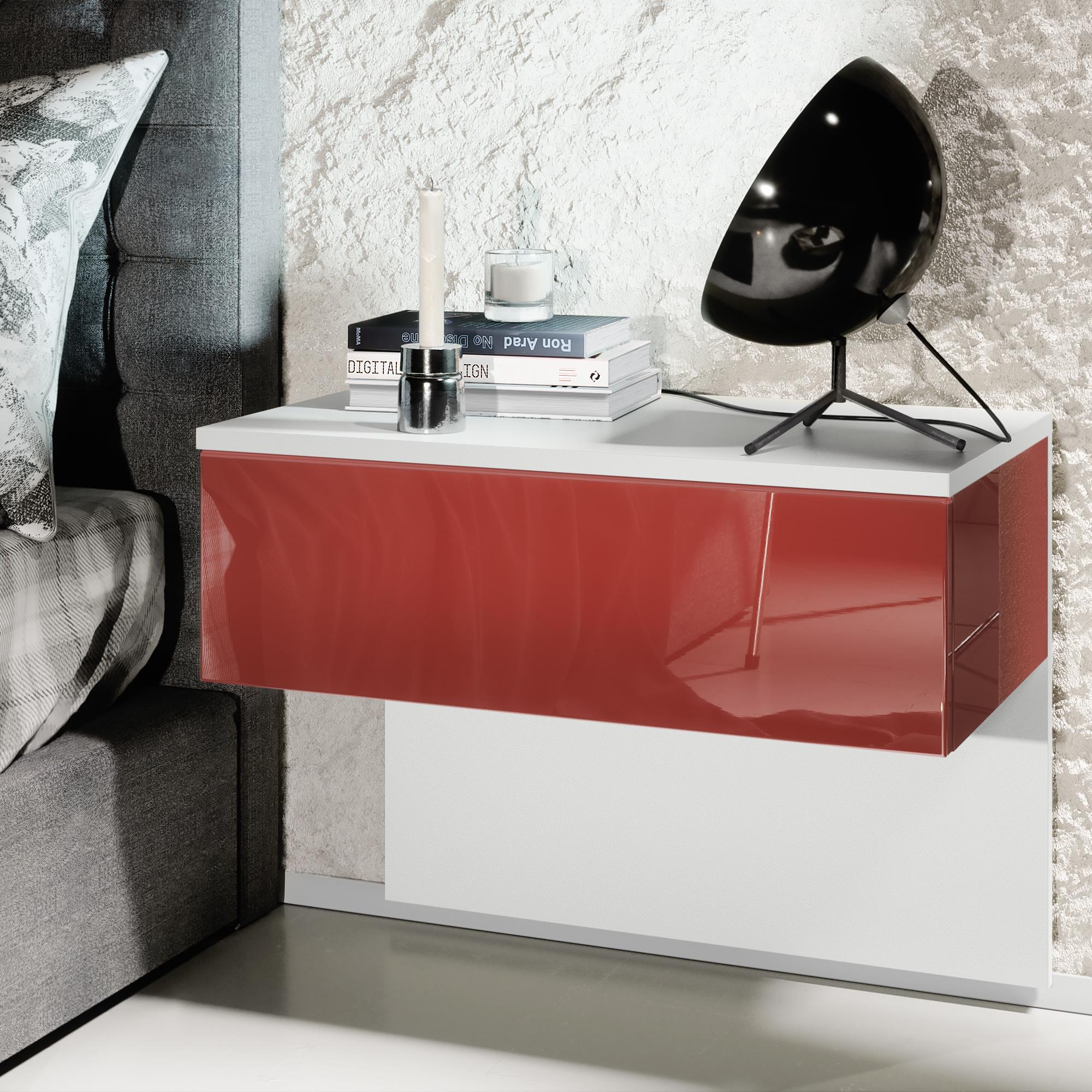 Nachttisch Sleep  mit Schublade zur Wandmontage Weiß matt/Bordeaux Hochglanz (60 x 46 x 35 cm)