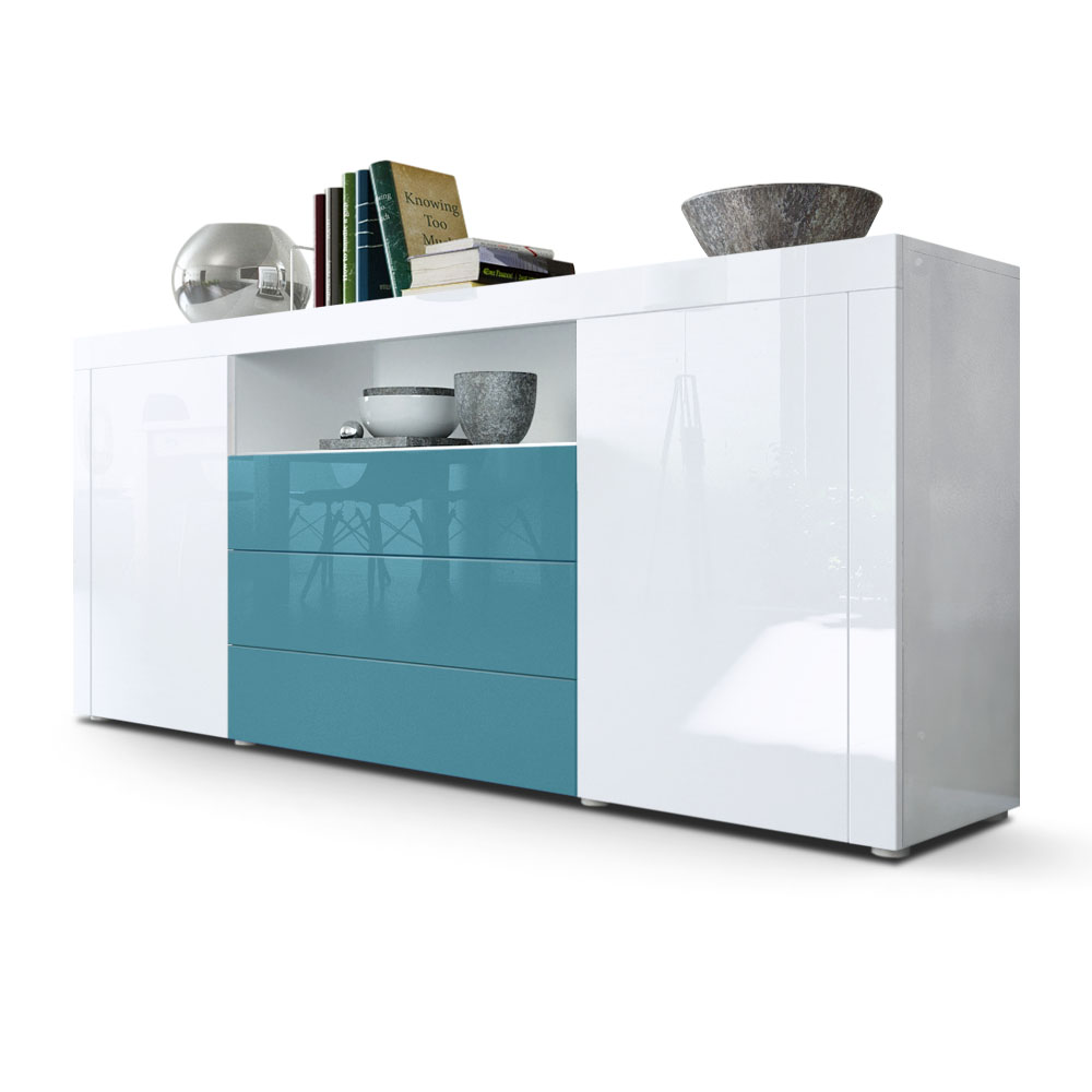 Sideboard Santiago mit 2 großen Türen und 3 Schubladen Weiß Hochglanz/Petrol Hochglanz (167 x 72 x 35 cm)