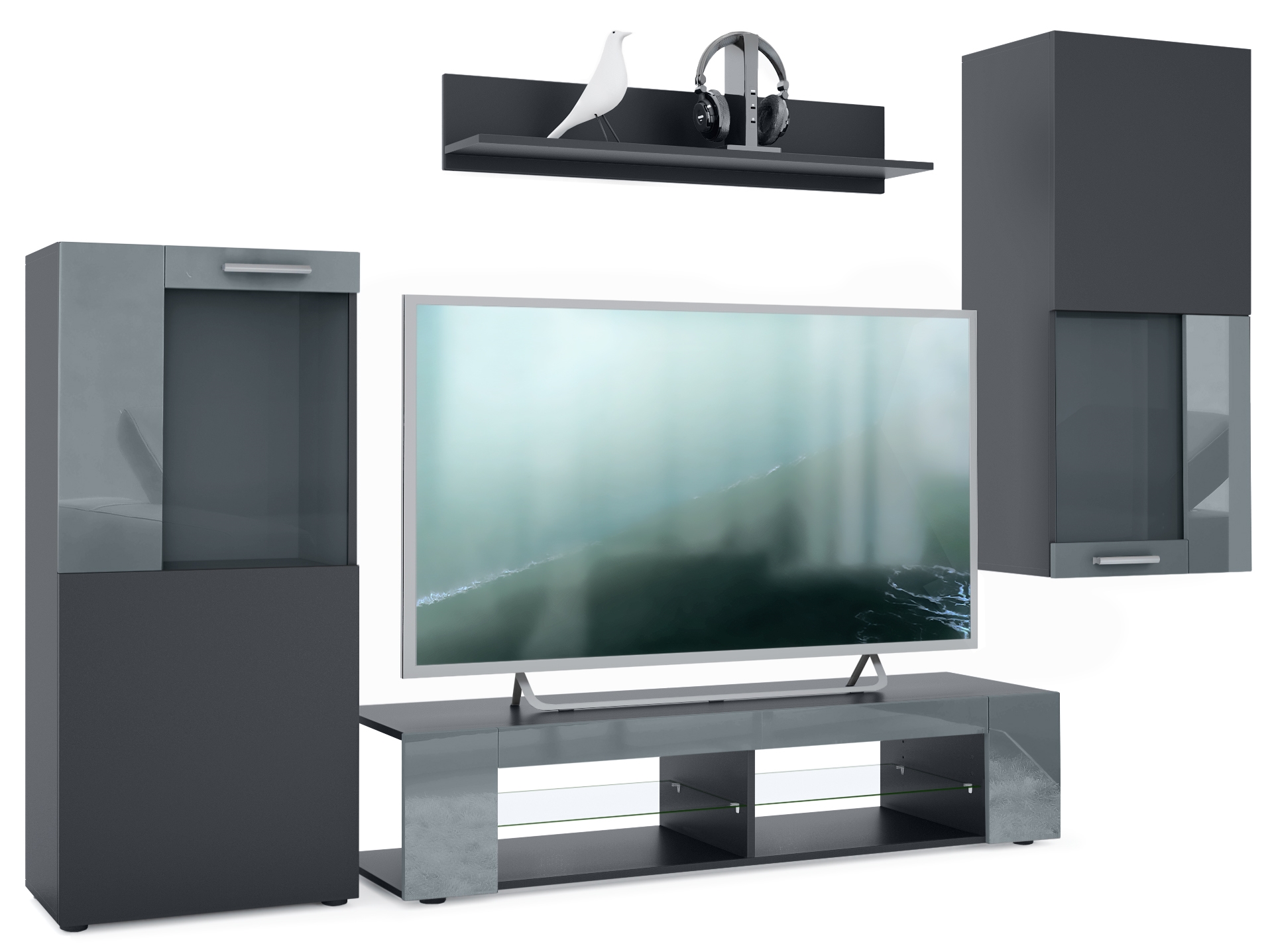 Wohnwand Movie 4-tlg. Schwarz   bestehend aus 1 TV-Board, 2 Vitrinen und 1 Regal Schwarz matt/Schwarz matt/Grau Hochglanz (Gesamt: 300 x 190 x 39 cm)
