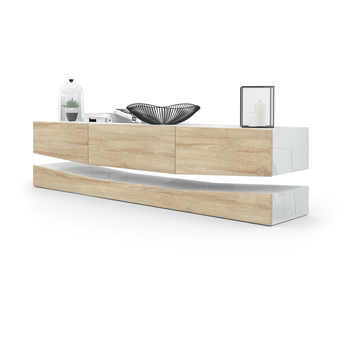 Lowboard City 1 offenem Fach und 3 Schubkästen Weiß Hochglanz/Eiche sägerau (178 x variabel x 39 cm)
