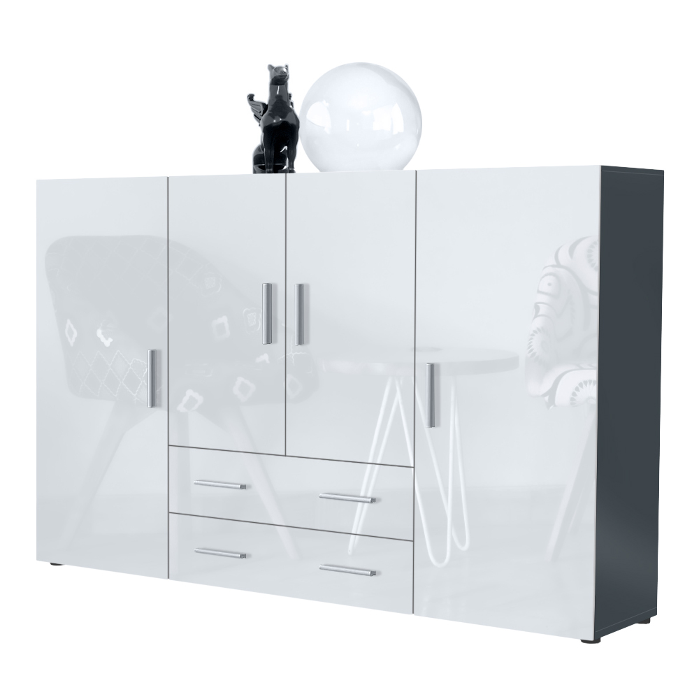 Highboard Nora  mit insgesamt 8 Fächer dahinter Anthrazit matt/Weiß Hochglanz (166,5 x 106,5 x 35 cm)