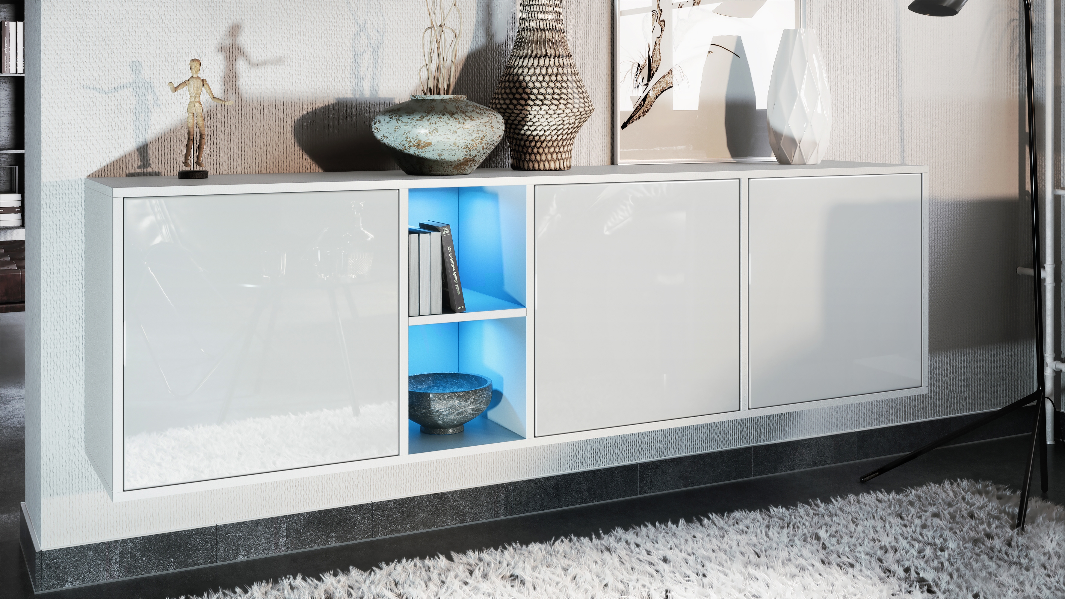 Sideboard Cuba  mit 3 Türen und 2 offene Fächer Weiß matt/Weiß Hochglanz inkl. LED-Beleuchtung (182 x 53 x 35 cm)