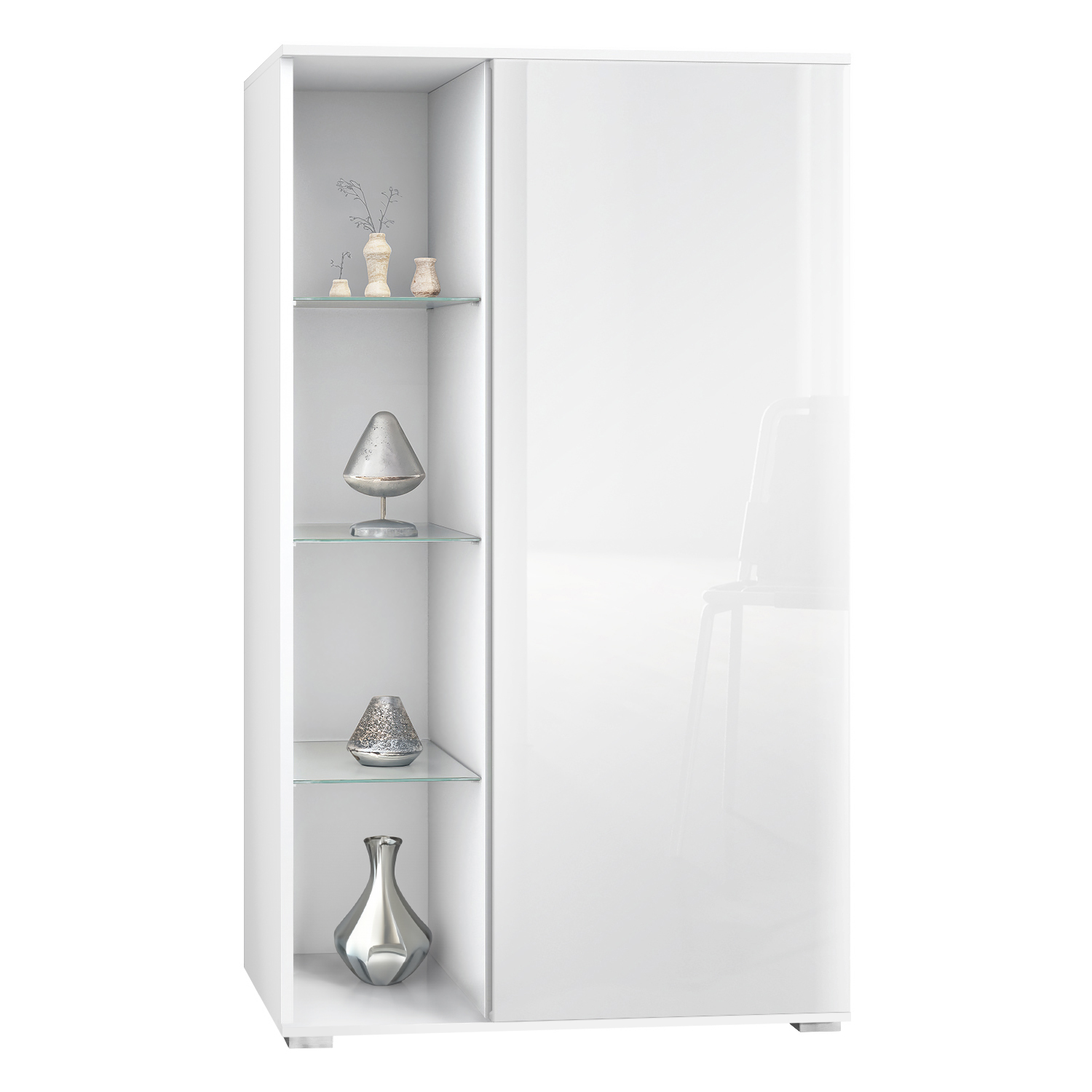Vitrine Davos mit 3 Glasböden und 8 Fächer Weiß matt/Weiß Hochglanz (71,5 x 134 x 35 cm)