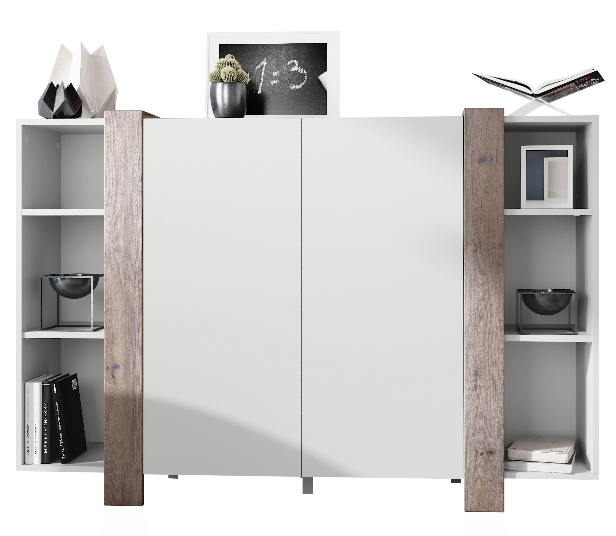 Highboard Ida V2 Weiß mit 2 Türen und 6 offene Fächer Weiß matt/Eiche Nordic (149 x 101 x 34 cm)
