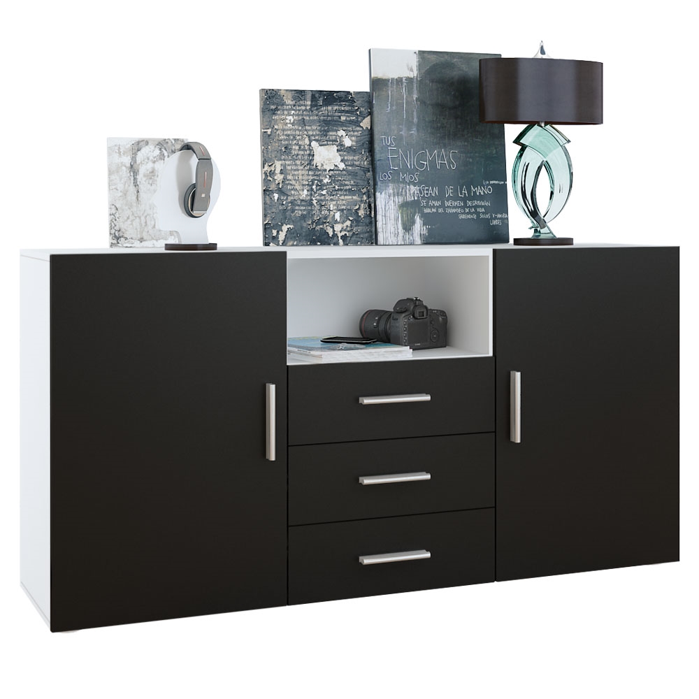 Sideboard Skadu  mit 2 Türen, 3 Schubladen und 1 offenem Fach Weiß matt/Schwarz matt (138,5 x 71,5 x 35 cm)