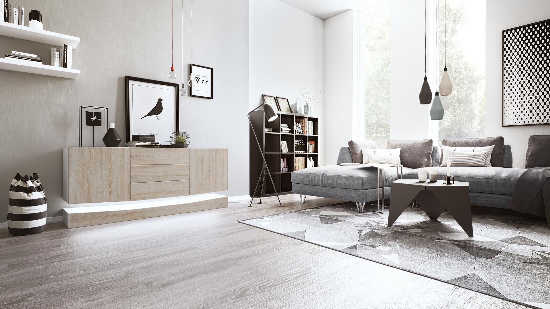 Sideboard City und 3 Schubladen inkl. LED-Beleuchtung,  Weiß matt/Eiche sägerau (178 x 72 x 38 cm)