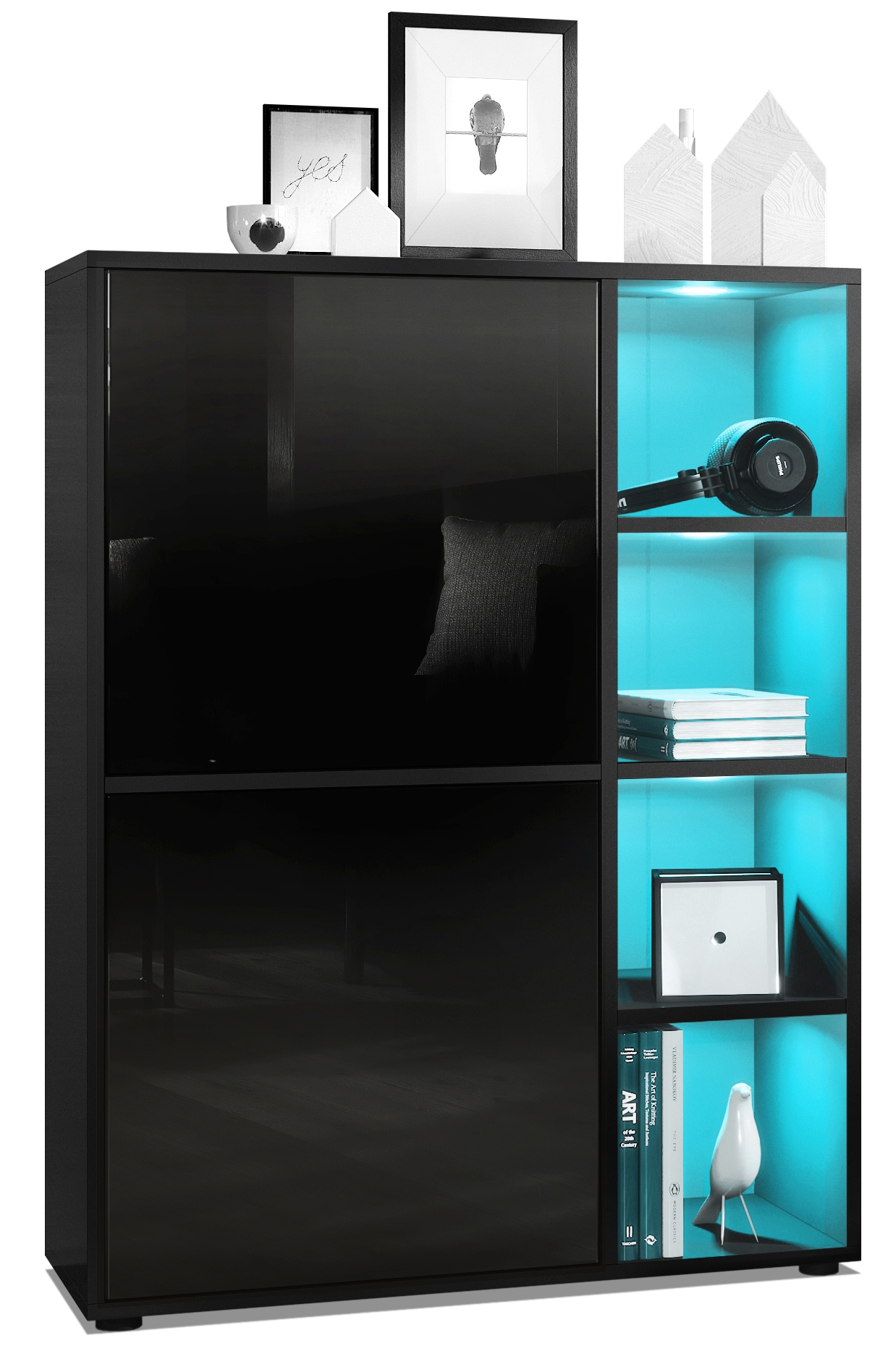Highboard Cuba und 4 offene Fächer inkl. RGB LED Beleuchtung Schwarz matt/Schwarz Hochglanz (79 x 105,5 x 35,5 cm)