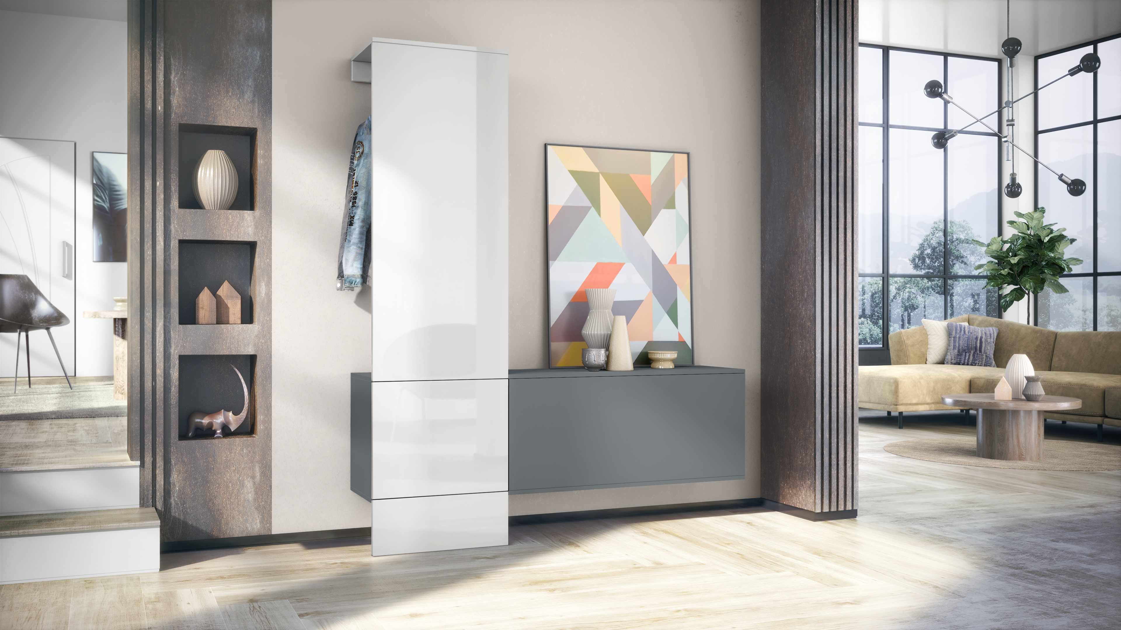 Garderobe Carlton Set 4 Anthrazit 3-tlg. 1 Paneel und 1 Schrankmodul Anthrazit matt/Weiß Hochglanz (156,5 x 193 x 35 cm)
