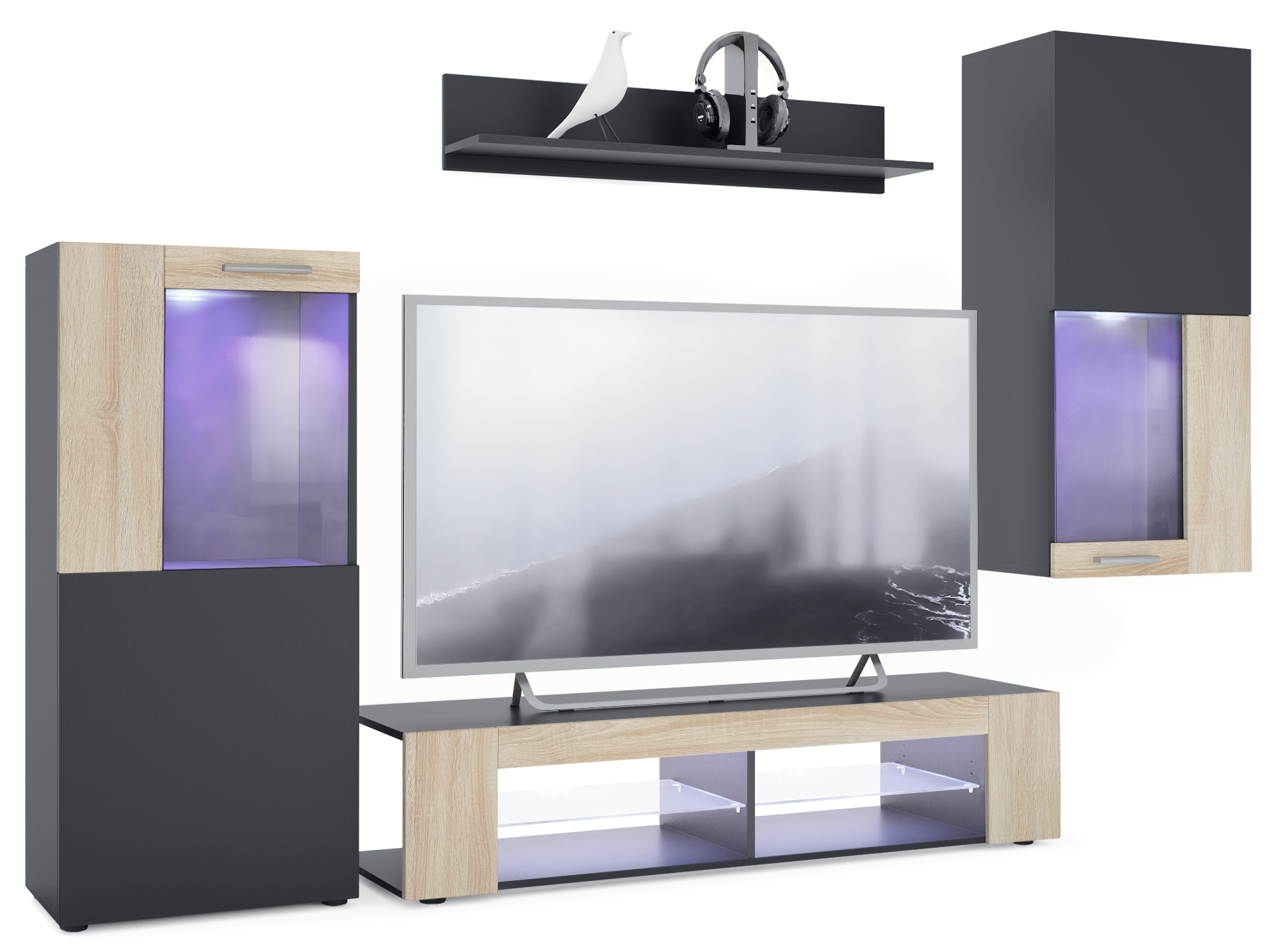 Wohnwand Movie 4-tlg. Schwarz mit LED  bestehend aus 1 TV-Board, 2 Vitrinen und 1 Regal Schwarz matt/Eiche Sägegrau mit Beleuchtung (300x190x39 cm)