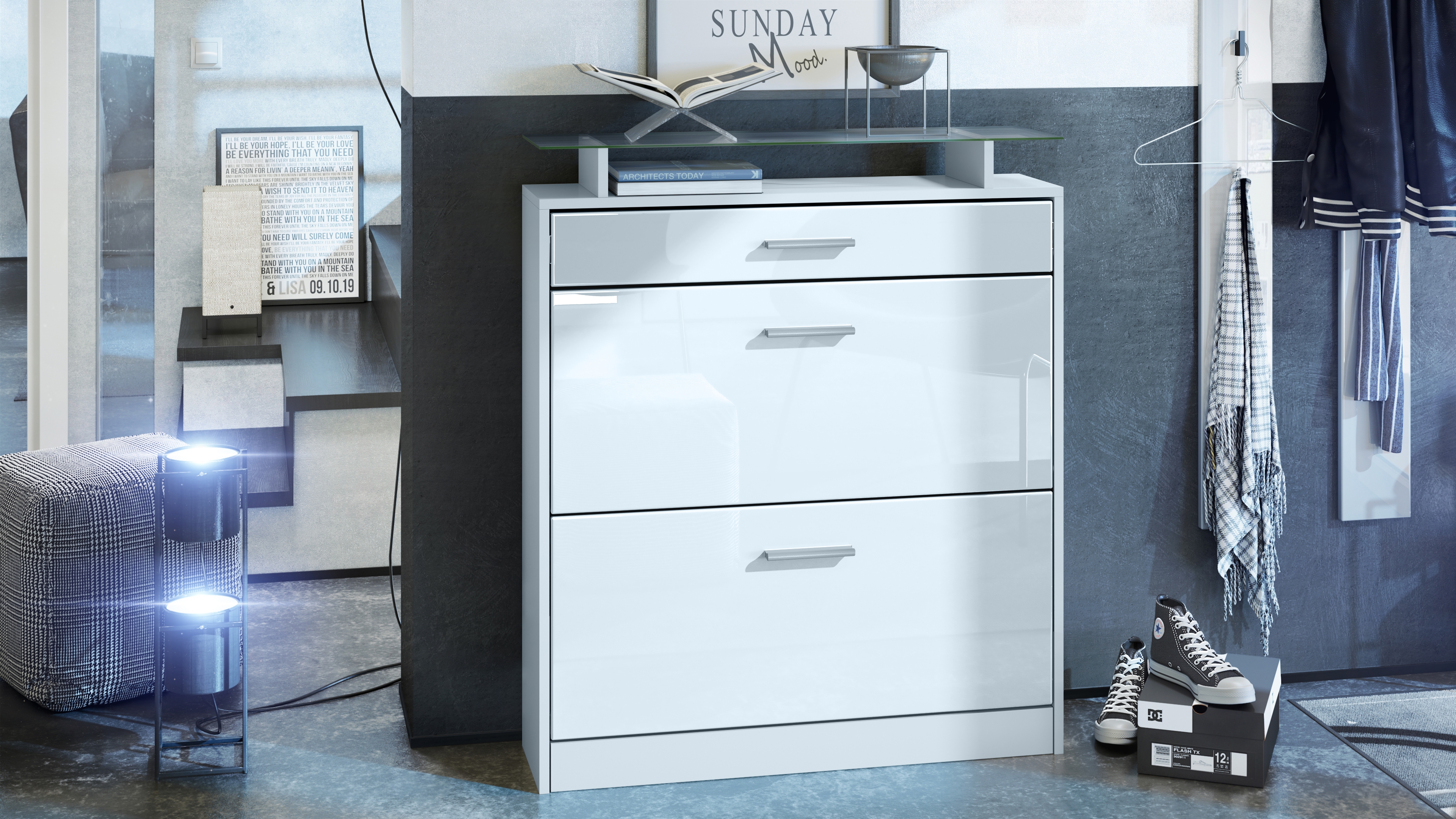 Schuhschrank Loret mit 2 Klappen und 1 Schublade und Glasablage Weiß matt/Weiß Hochglanz (89 x 104 x 23 cm)