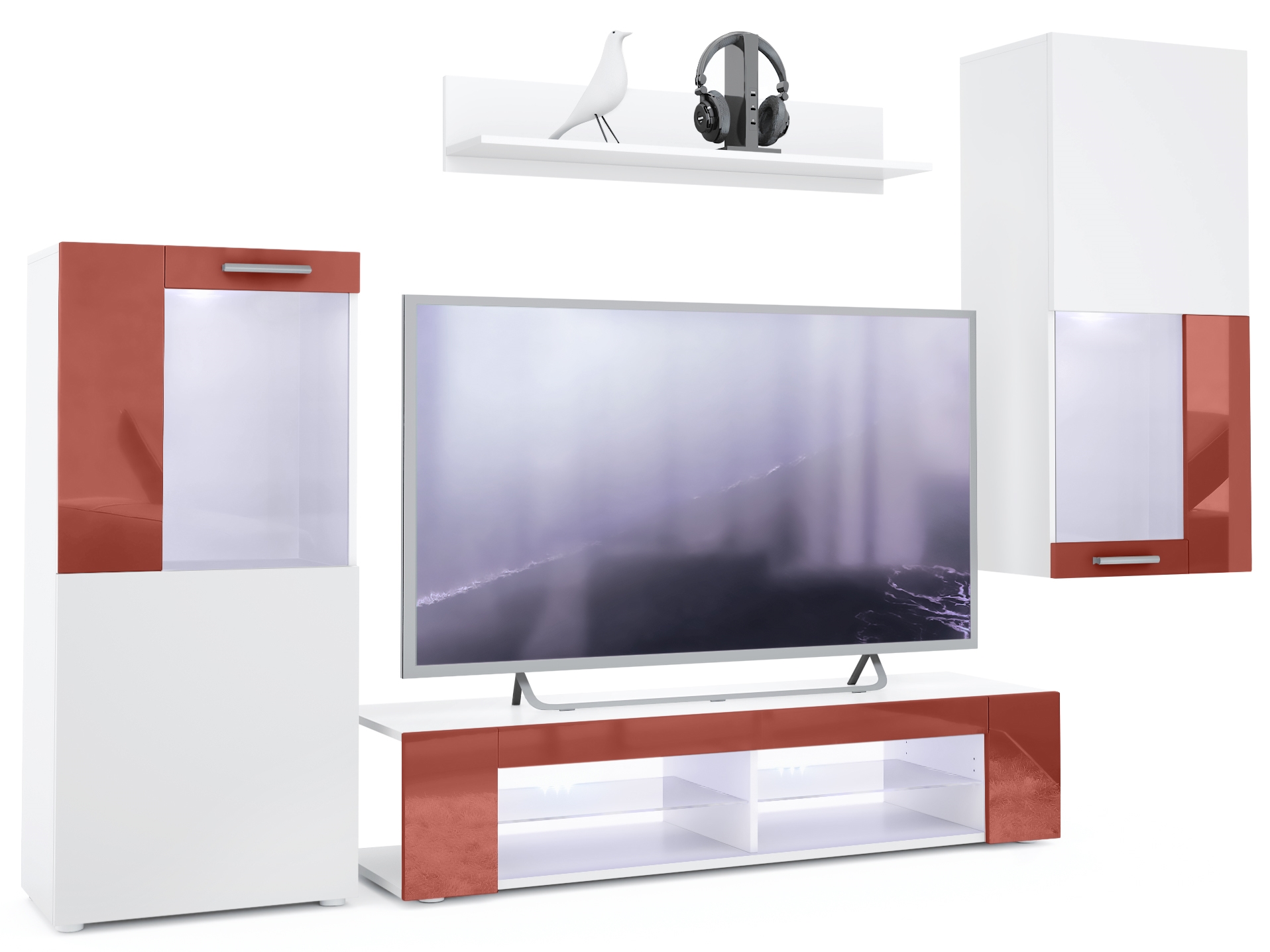 Wohnwand Movie 4-tlg. Weiß mit weißer LED  bestehend aus 1 TV-Board, 2 Vitrinen und 1 Regal Weiß matt/Weiß matt/Bordeaux Hochglanz mit Beleuchtung (300x190x39 cm)