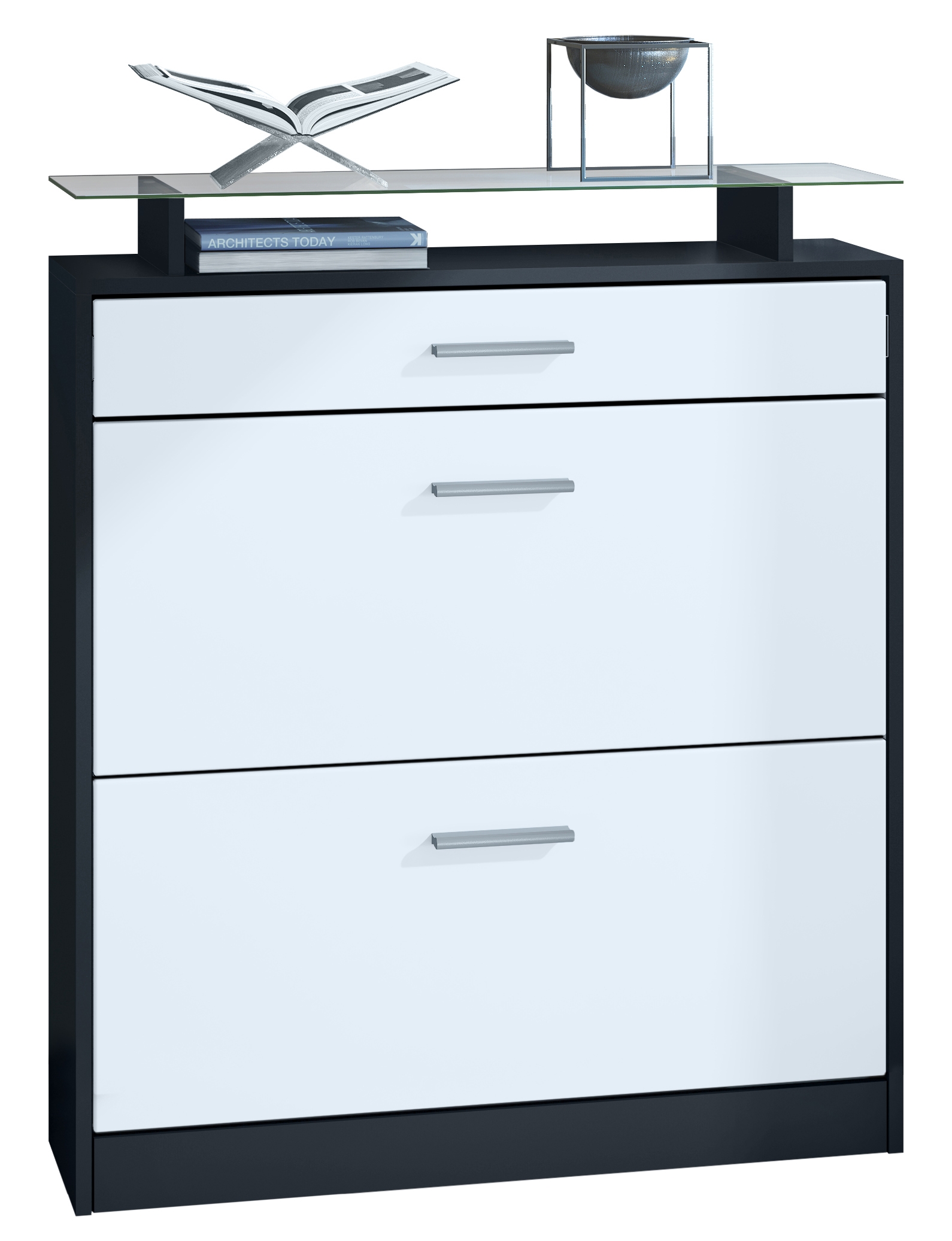 Schuhschrank Loret mit 2 Klappen und 1 Schublade und Glasablage Schwarz matt/Weiß matt (89 x 104 x 23 cm)