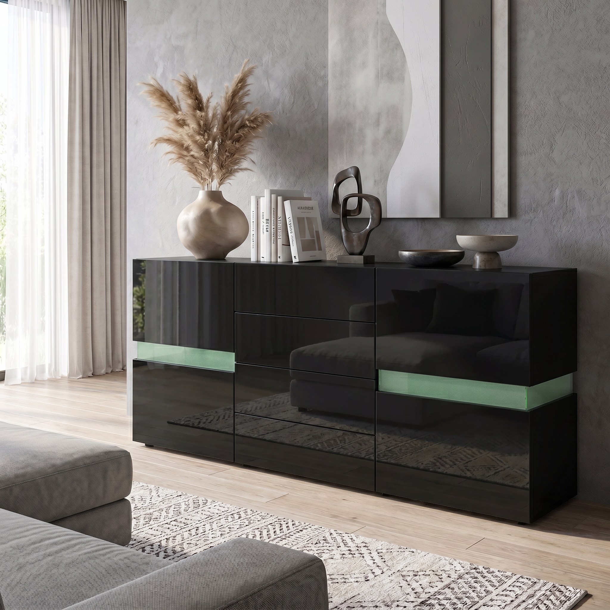 Sideboard Flow mit 2 Türen und 4 Schubladen Schwarz Hochglanz (177 x 75 x 39 cm) | Schwarz | Korpus Hochglanz, ohne Beleuchtung