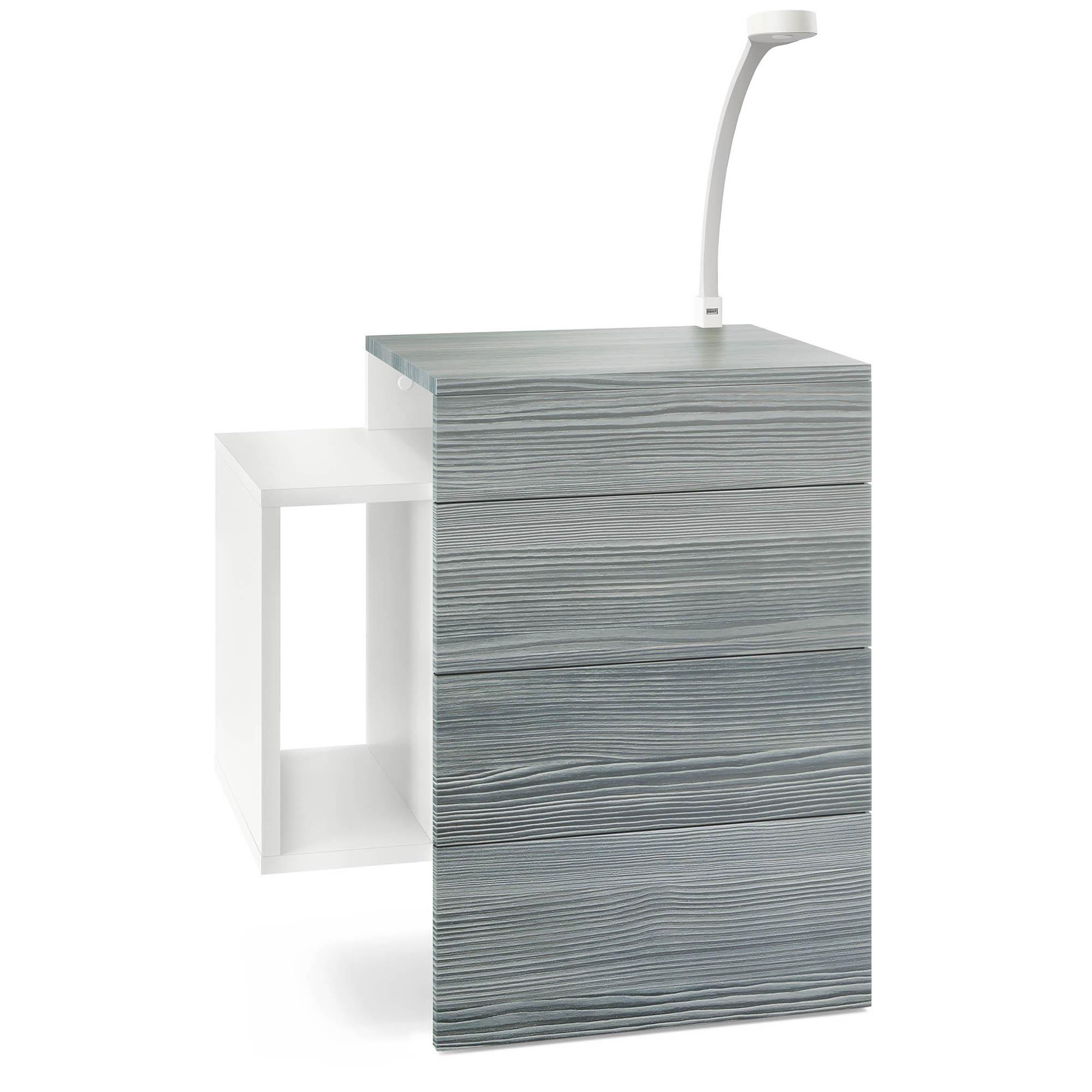Nachttisch Queens und 1 seitlichem Fach zur Wandmontage Weiß matt/Avola-Anthrazit inkl. LED Flexi Lampe (60 x 63 x 36 cm)