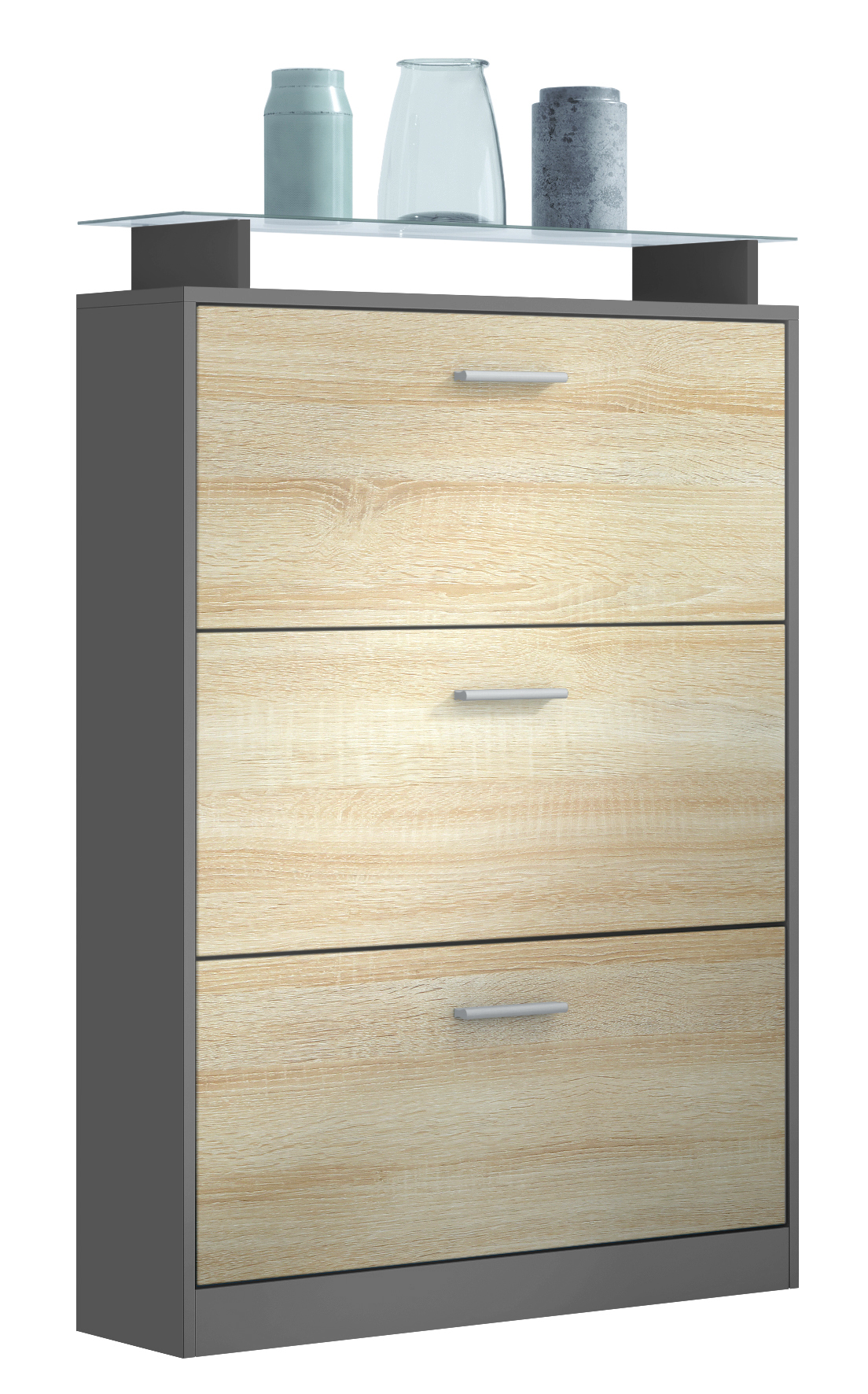 Lavia Schuhschrank Anthrazit matt für 24 Paar Schuhe mit 3 Klappen und Glasablage Anthrazit matt/Eiche sägerau (89 x 128 x 23 cm) Lavia Schuhschrank Anthrazit matt für 24 Paar Schuhe mit 3 Klappen und Glasablage Anthrazit matt/Eiche sägerau (89 x 128 x 23 cm)