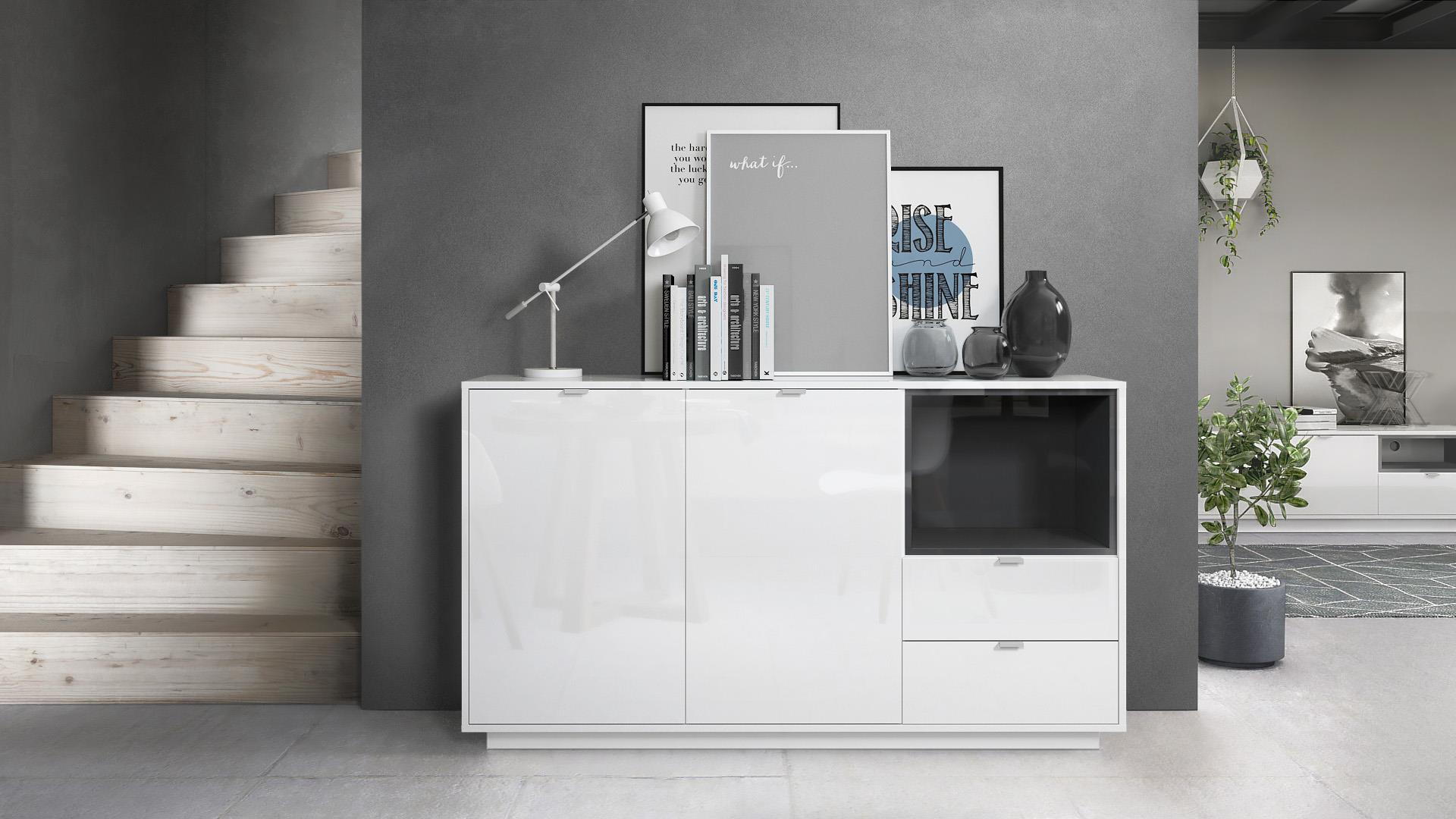 Sideboard  Metro  mit 2 Türen, 2 Schubladen und 1 offenem Fach Weiß Hochglanz/Schwarz Hochglanz inkl. LED Beleuchtung (153x88x38 cm)