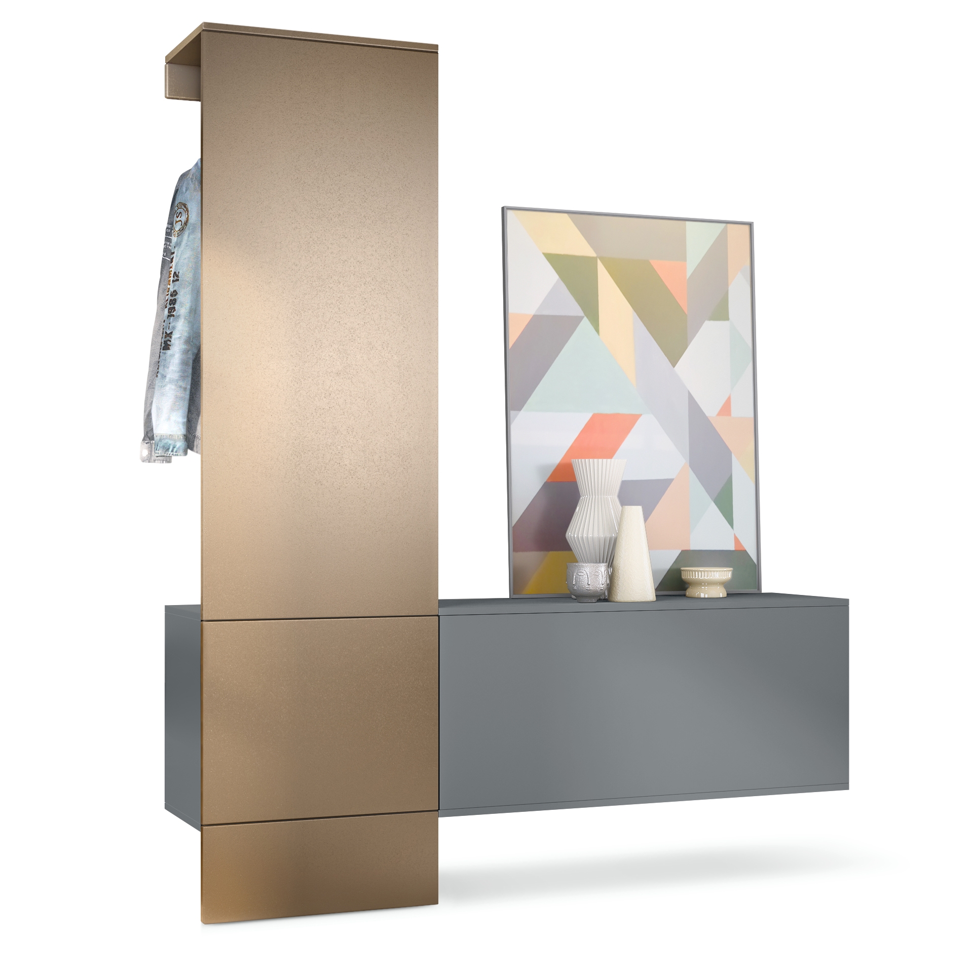 Garderobe Carlton Set 4 Anthrazit 3-tlg. 1 Paneel und 1 Schrankmodul Anthrazit matt/Bronze Optik (156,5 x 193 x 35 cm)