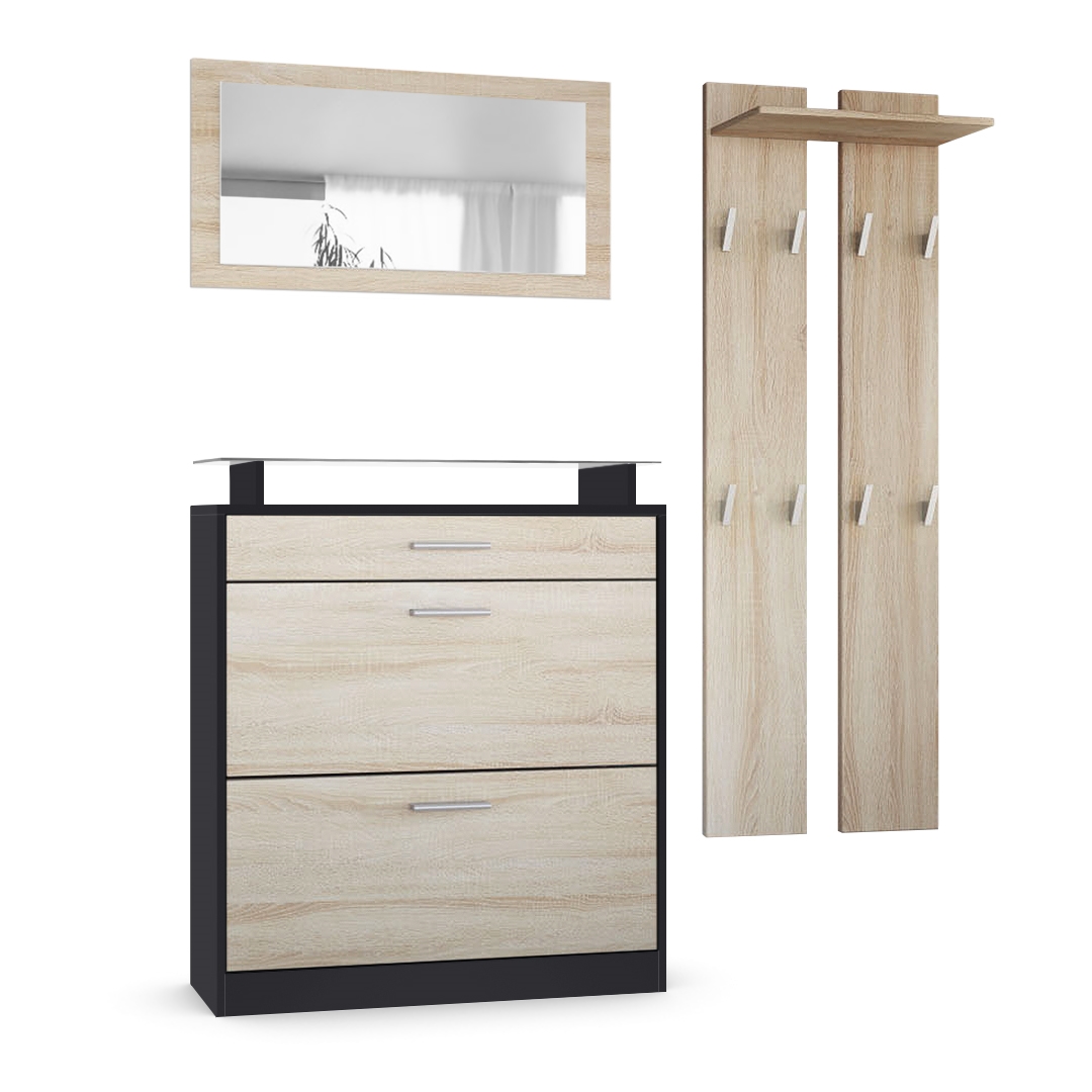 Garderobenset Loret mini 1 Wandspiegel, 2 Garderobenpaneele Schwarz matt/Eiche Sägerau (Schuhschrank 89 x 104 x 23 cm)