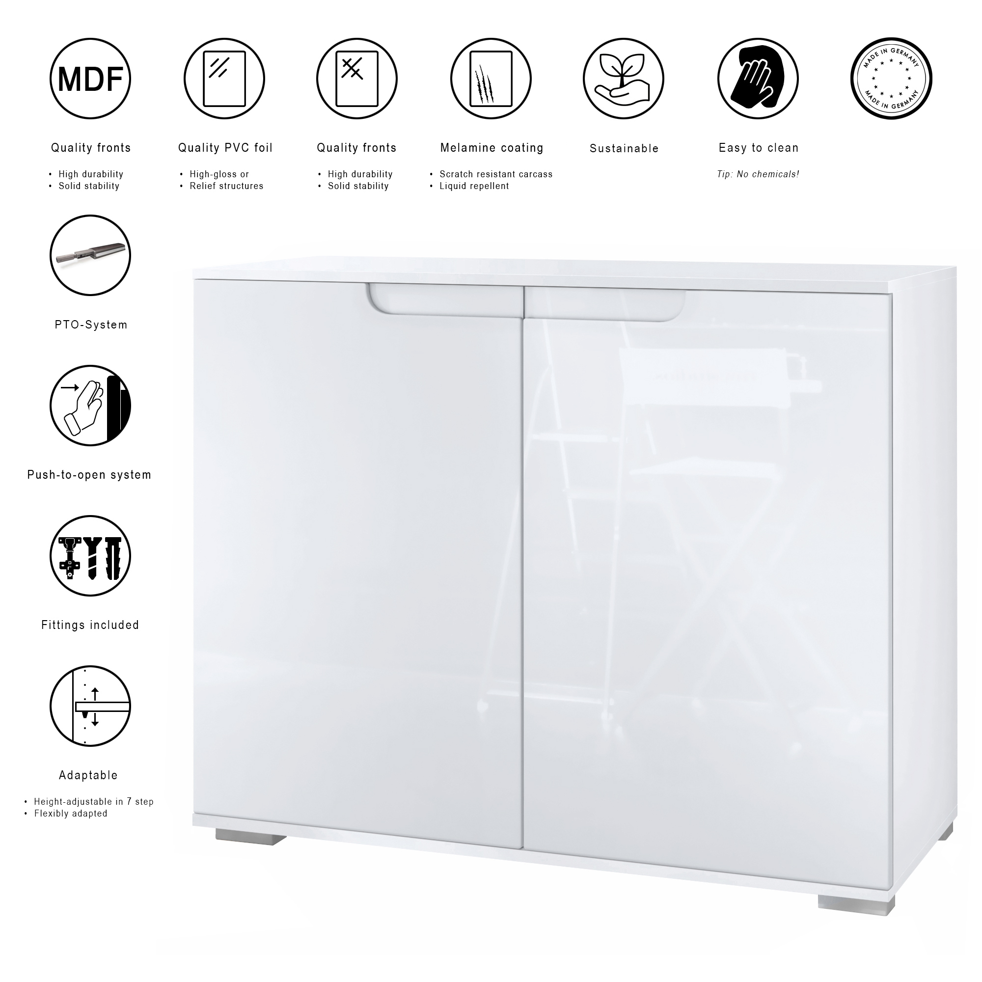 Sylt V3 Kommode Weiß mit 2 großen Türen Weiß matt / Grau Hochglanz (92,5 x 75.5 x 35)