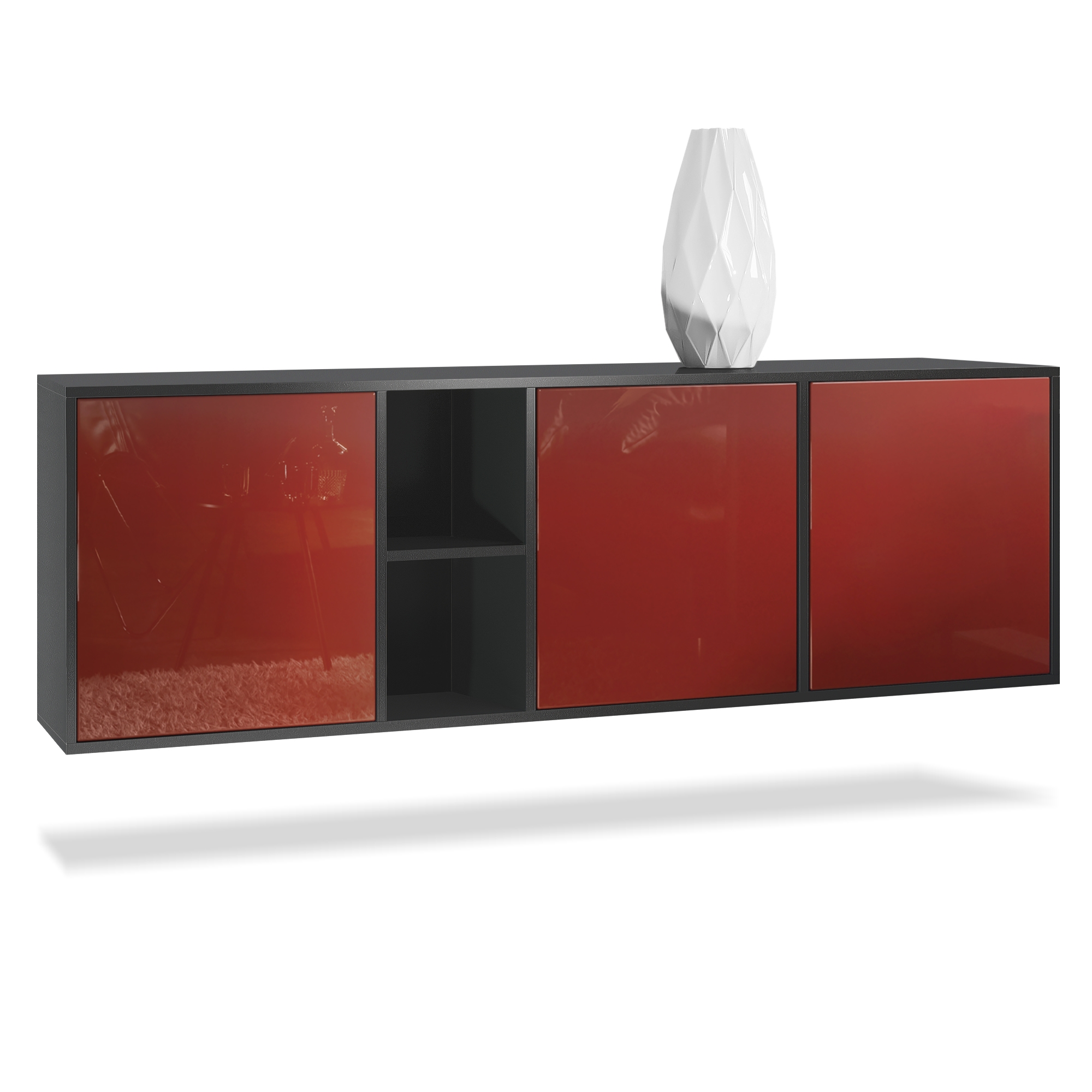 Sideboard Cuba  mit 3 Türen und 2 offene Fächer Schwarz matt/Bordeaux Hochglanz (182 x 53 x 35 cm)