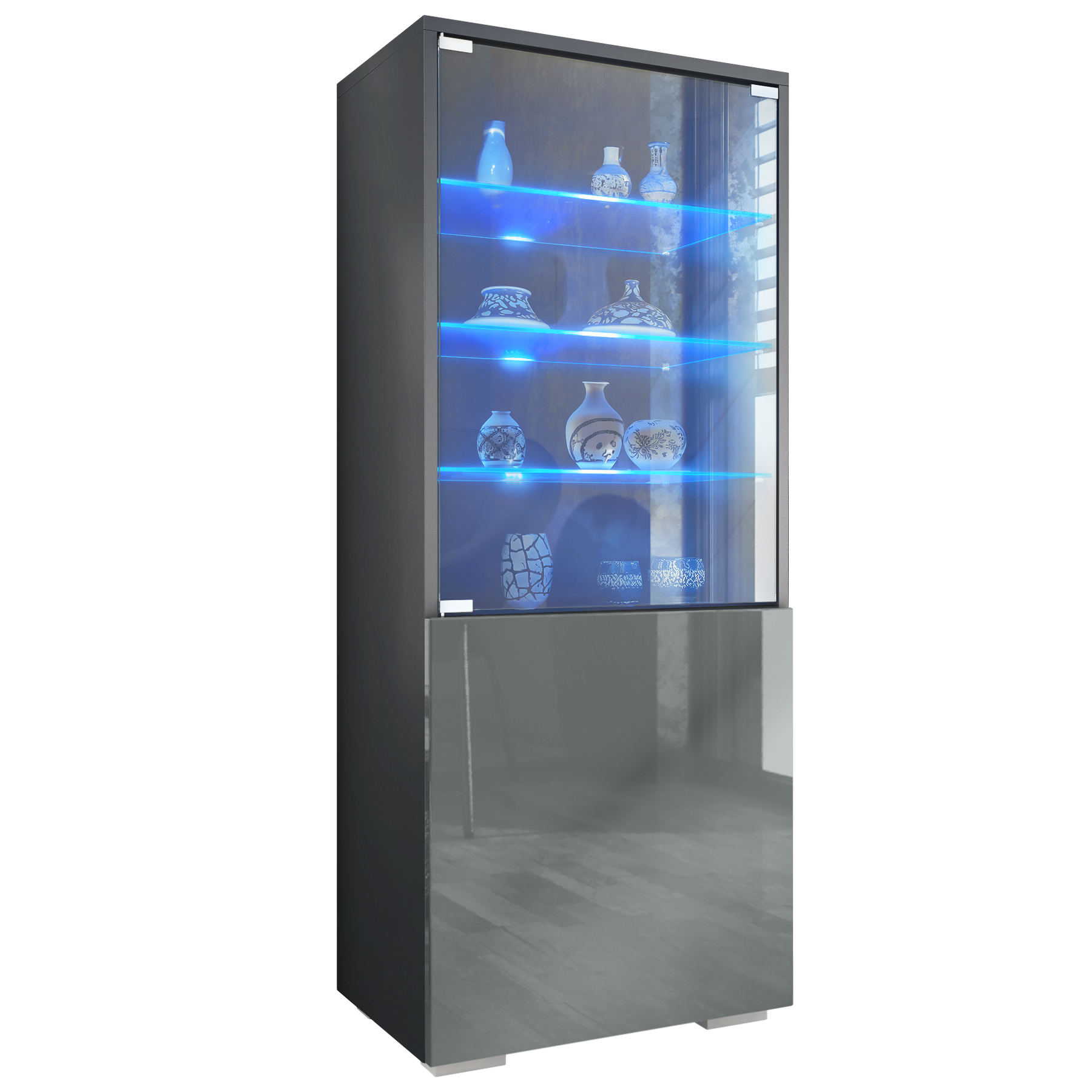 Granada Vitrine Anthrazit mit LED mit Glastür und Glaseinsatz inkl. LED Anthrazit matt/Grau Hochglanz (50 x 122,5 x 34,5 cm)