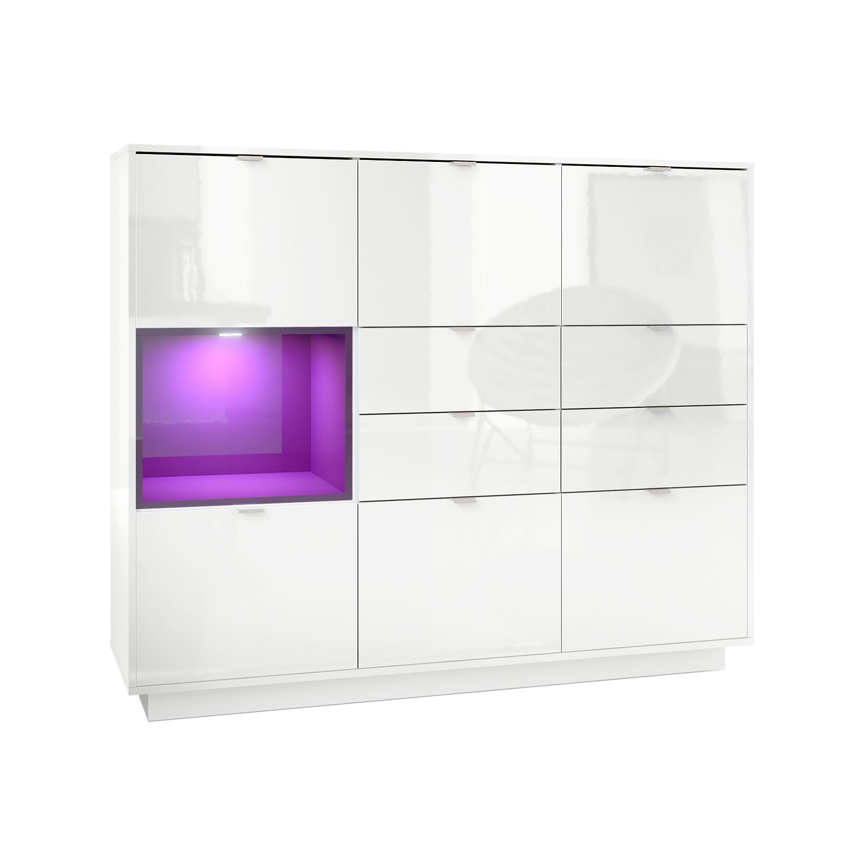 Highboard Metro V2  mit 6 Türen, 4 Schubladen und 1 offenem Fach Weiß glänzend/Brombeer glänzend inkl. LED Beleuchtung (153x123x38 cm)