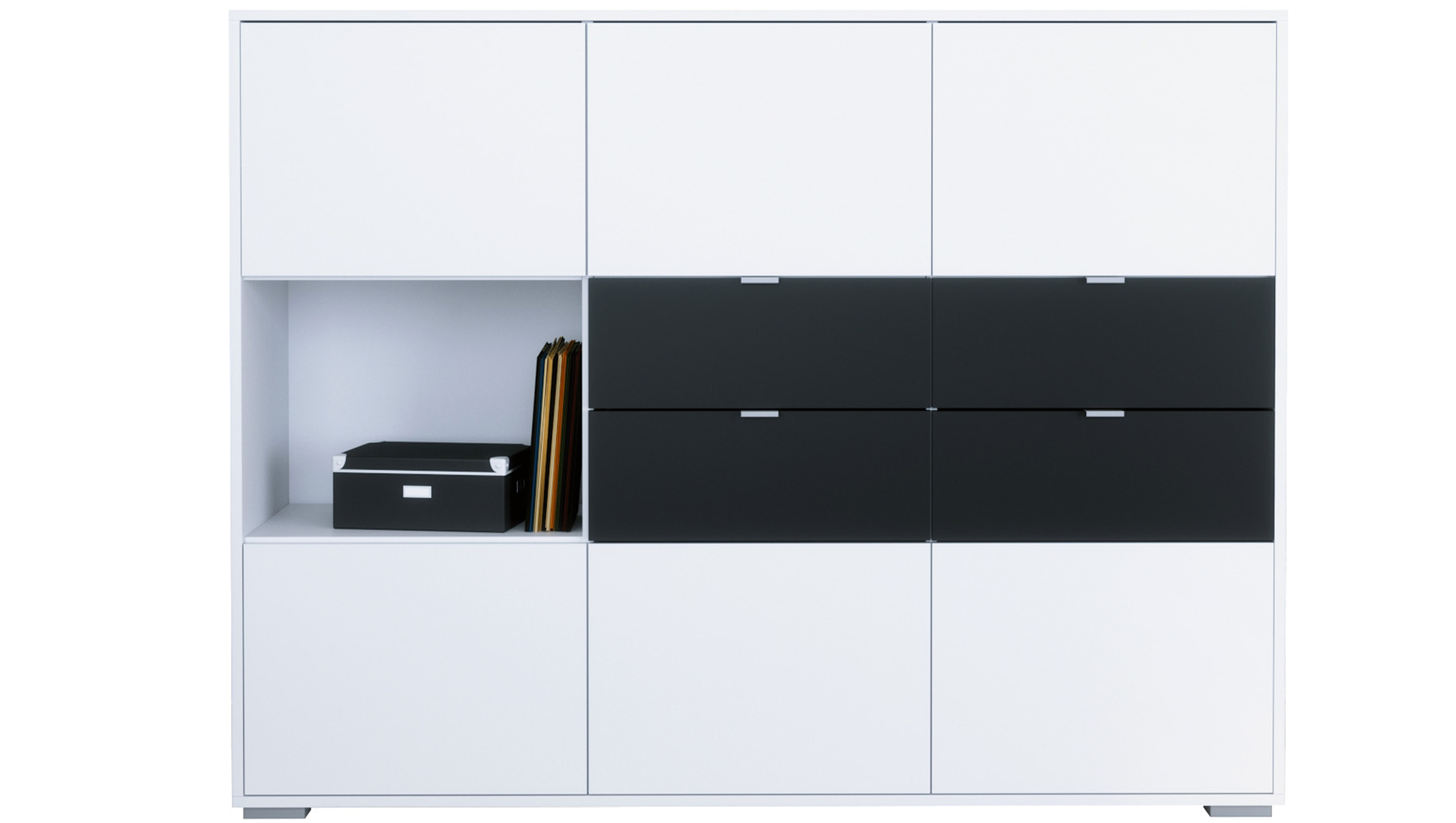 Highboard Milano V2 4 Schubladen Schwarz matt, Made in Germany Korpus Weiß matt (152,5 x 118 x 37 cm)

