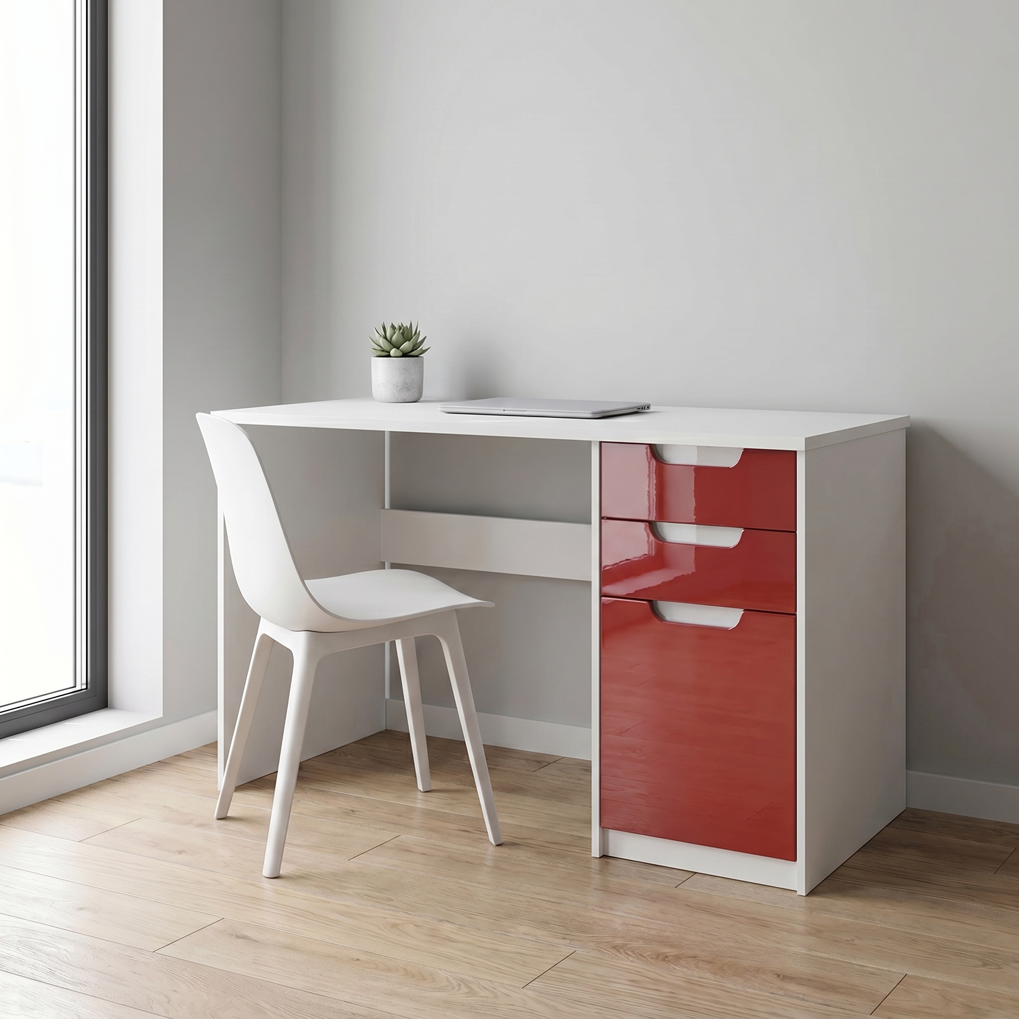 Schreibtisch Logan mit 2 Schubladen und 1 Tür Weiß matt/Bordeaux Hochglanz (129 x 76 x 60 cm)