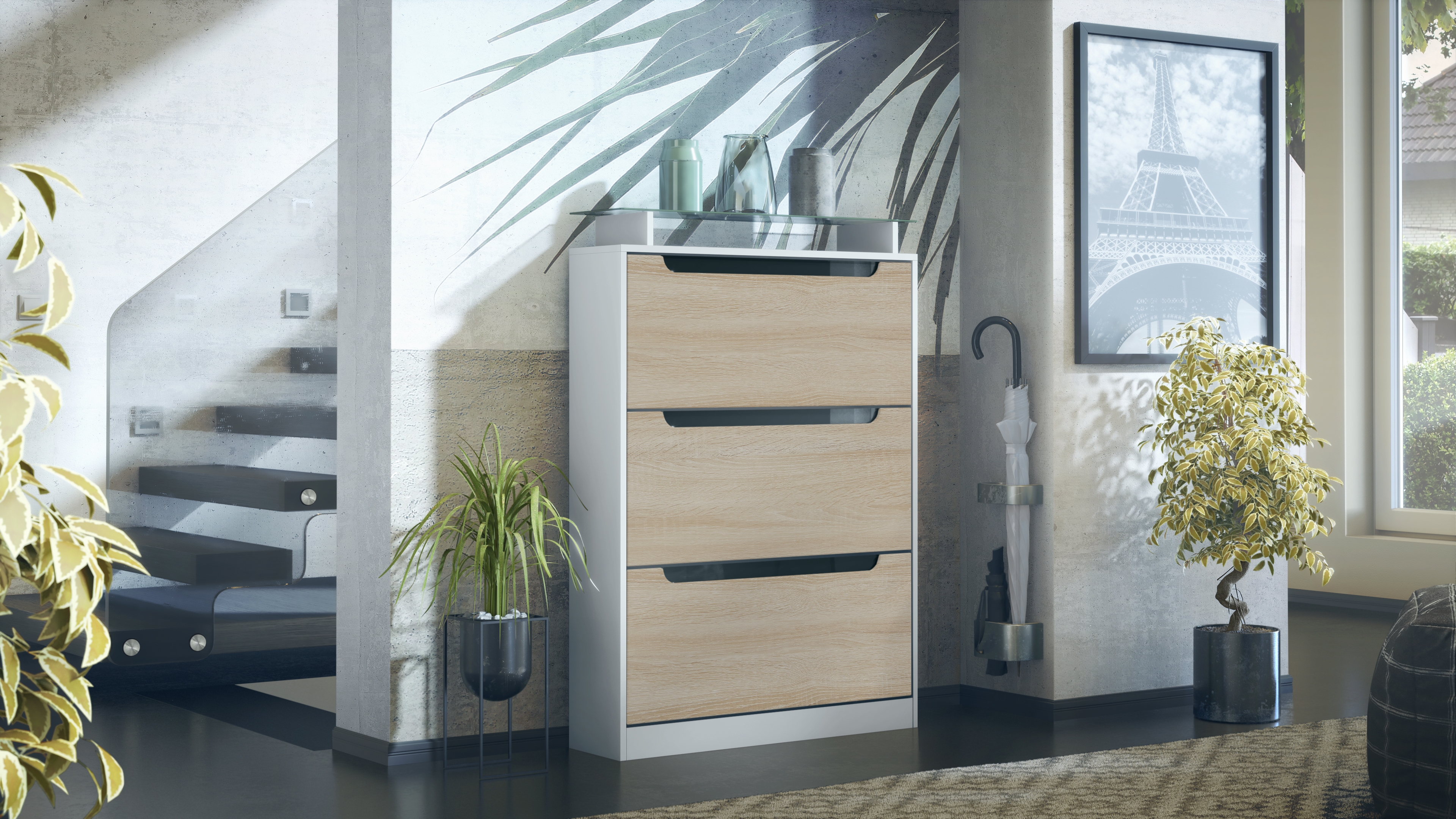 Schuhschrank Space  für 24 Paar Schuhe mit 3 Klappen und Glasablage Weiß matt/Eiche sägerau/Absetzung in Schwarz glänzend (89x128x23 cm)