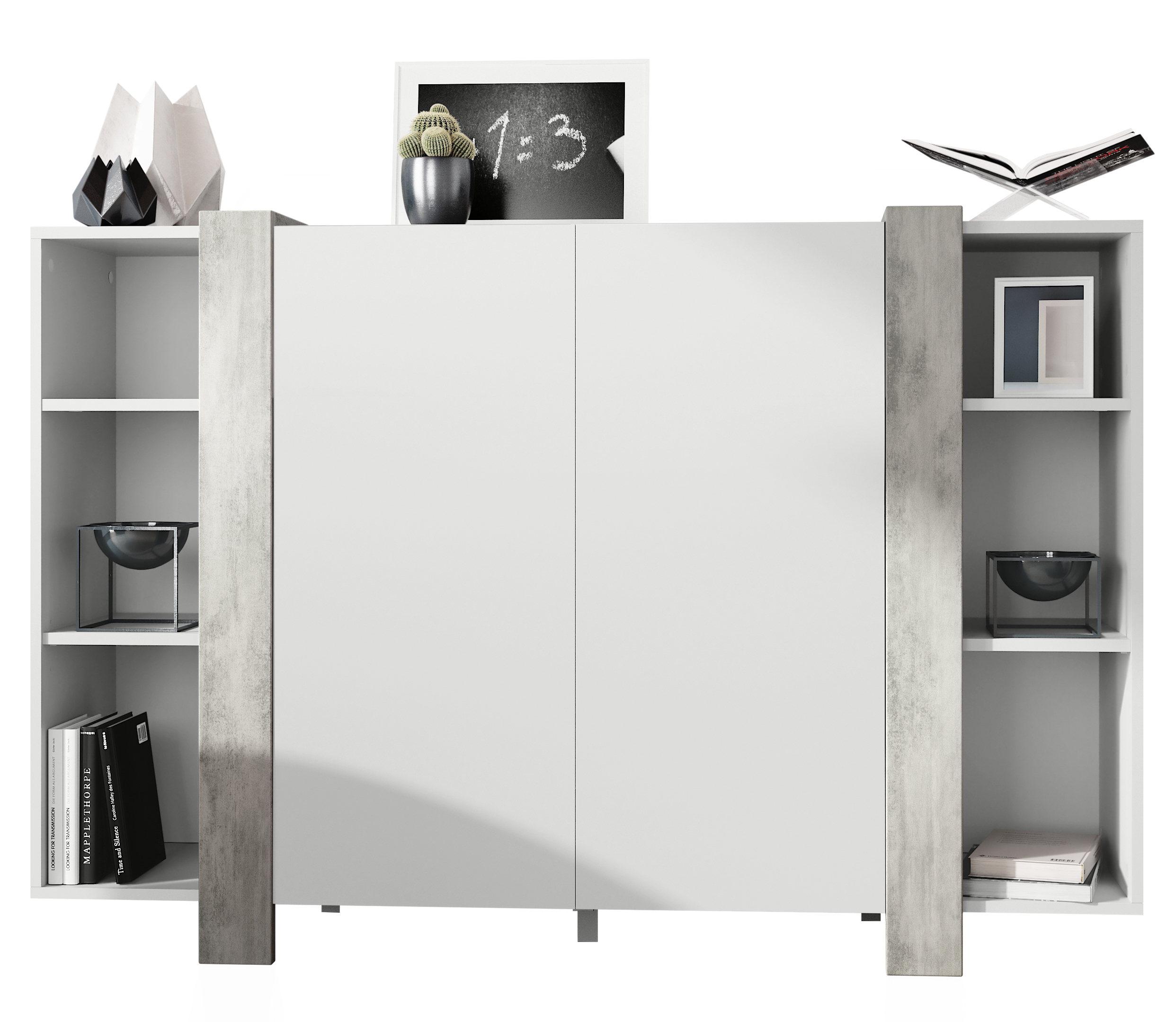 Highboard Ida V2 Weiß mit 2 Türen und 6 offene Fächer Weiß matt/Beton Oxid Optik (149 x 101 x 34 cm)