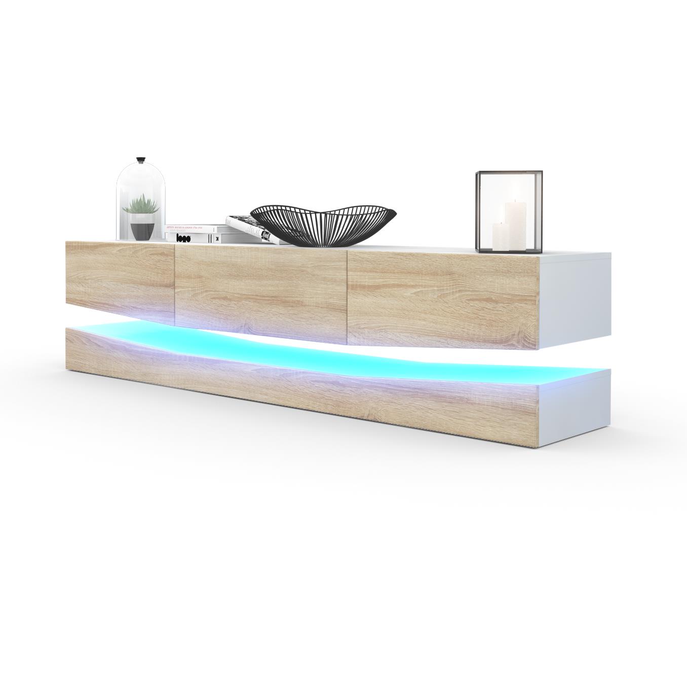 Lowboard City 1 offenem Fach und 3 Schubkästen Weiß matt/Eiche Sägerau, inkl. LED-Beleuchtung (178xvariabelx39 cm)