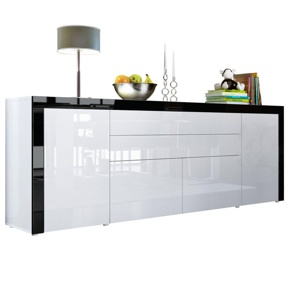 Sideboard La Paz V2 mit 2 Türen, 2 Schubkästen und 2 Klappen Weiß Hochglanz/Schwarz Hochglanz (200 x 72 x 35 cm)