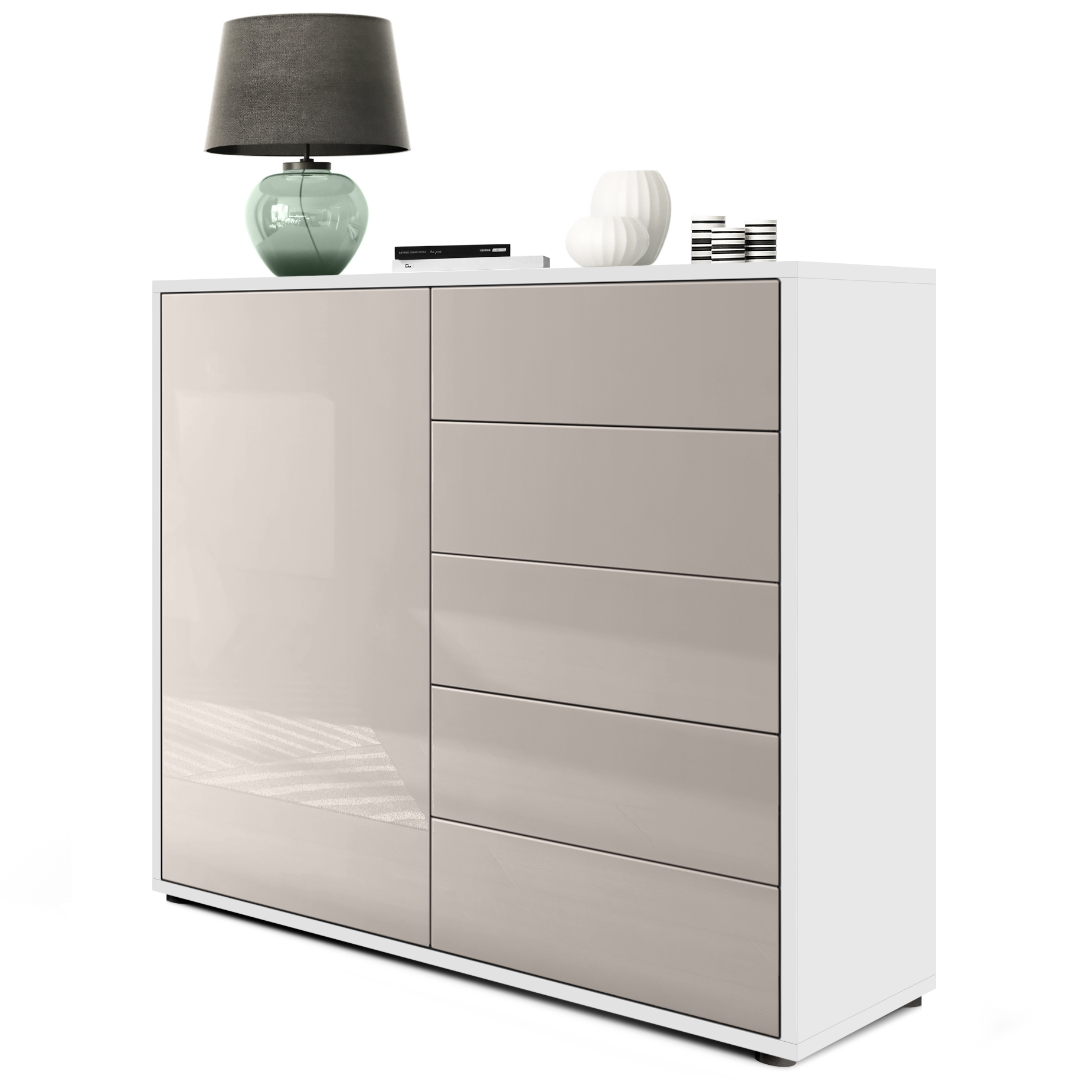 Kommode Ben V2  mit 1 Tür und 5 Schubladen Weiß matt/Sandgrau Hochglanz (79 x 74 x 36 cm)