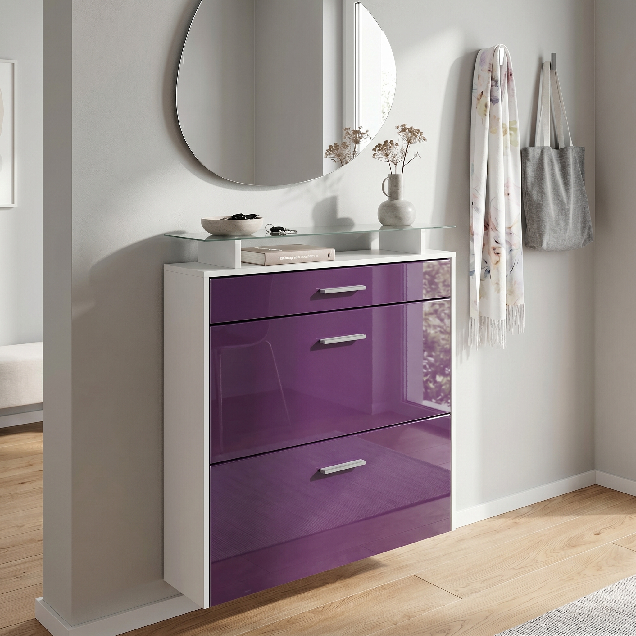 Schuhschrank Malea mit 2 Klappen und 1 Schublade und Glasablage Weiß matt/Brombeer Hochglanz (89 x 96 x 23 cm)