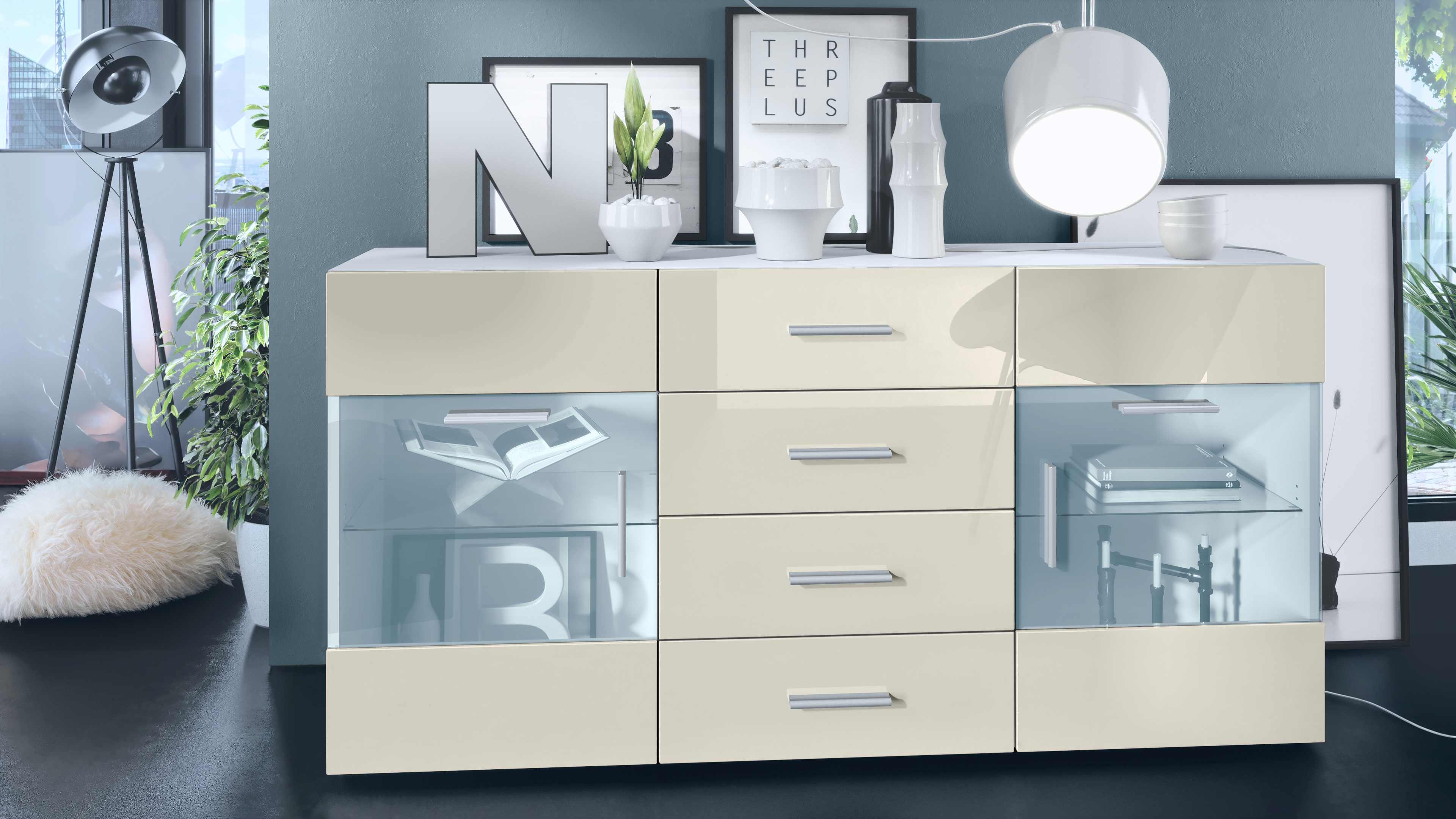 Sideboard Bari V1 ​ 4 Schubladen und 2 flexible Glaseinlegeböden Weiß matt/Creme Hochglanz (139 x 72 x 35)
