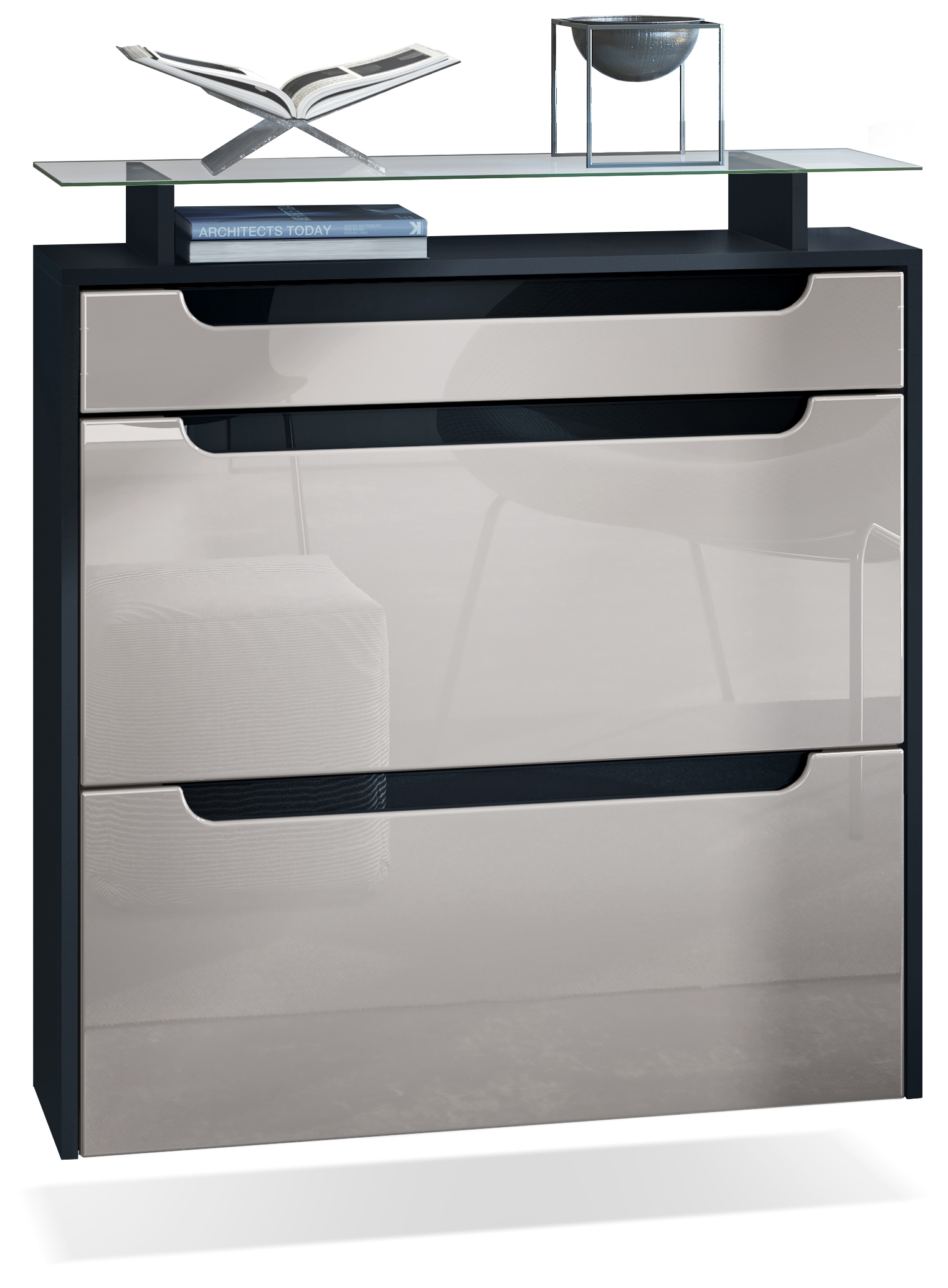 Schuhschrank Annie mit 2 Klappen, Schublade und Glasablage Schwarz matt/Sandgrau Hochglanz/Schwarz Hochglanz (89 x 96 x 23 cm)