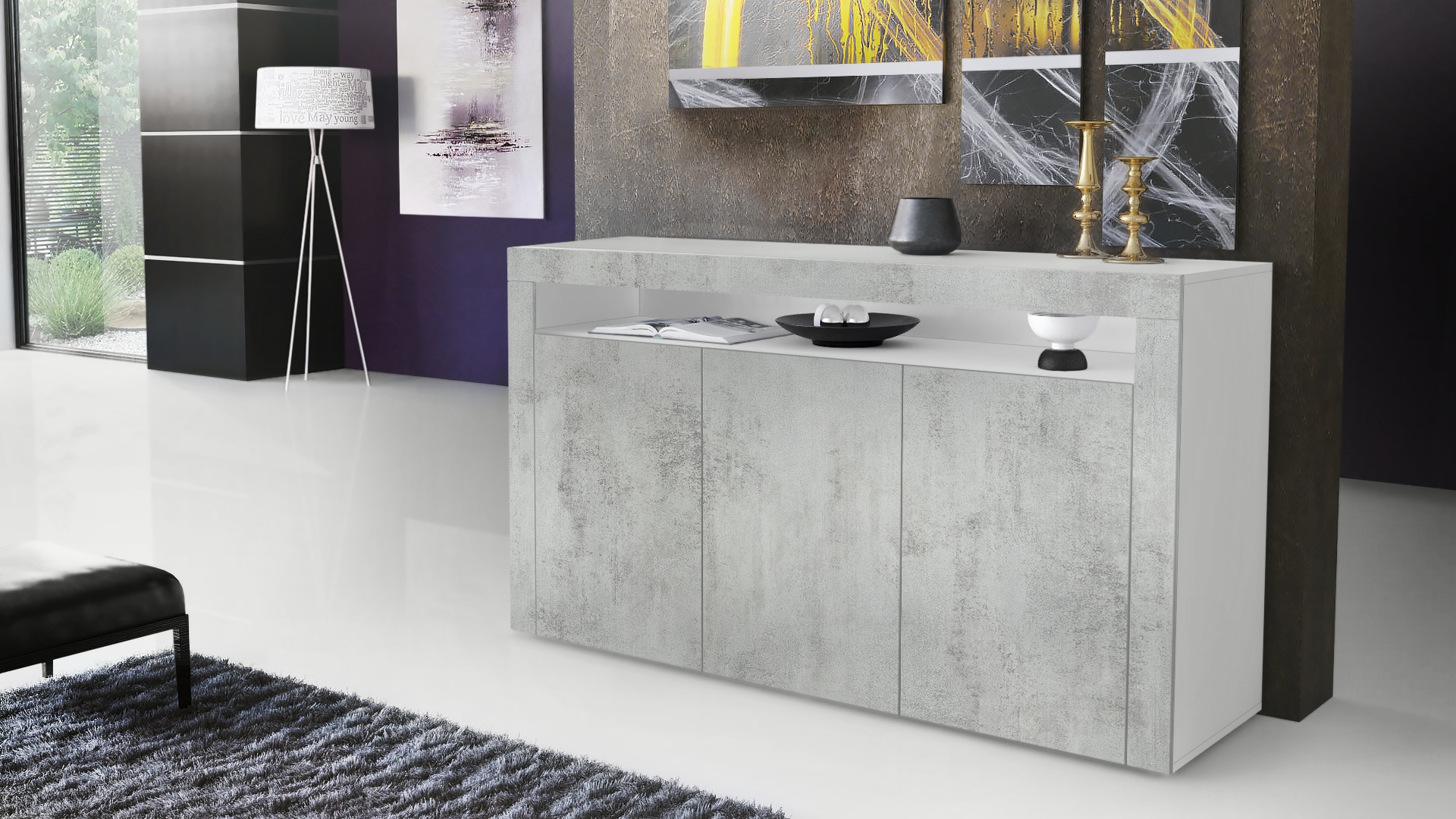 Sideboard Valencia mit 3 Türen und 1 offenem Fach Weiß matt/Beton Oxid Optik/Beton Oxid Optik (155 x 92 x 40 cm)
