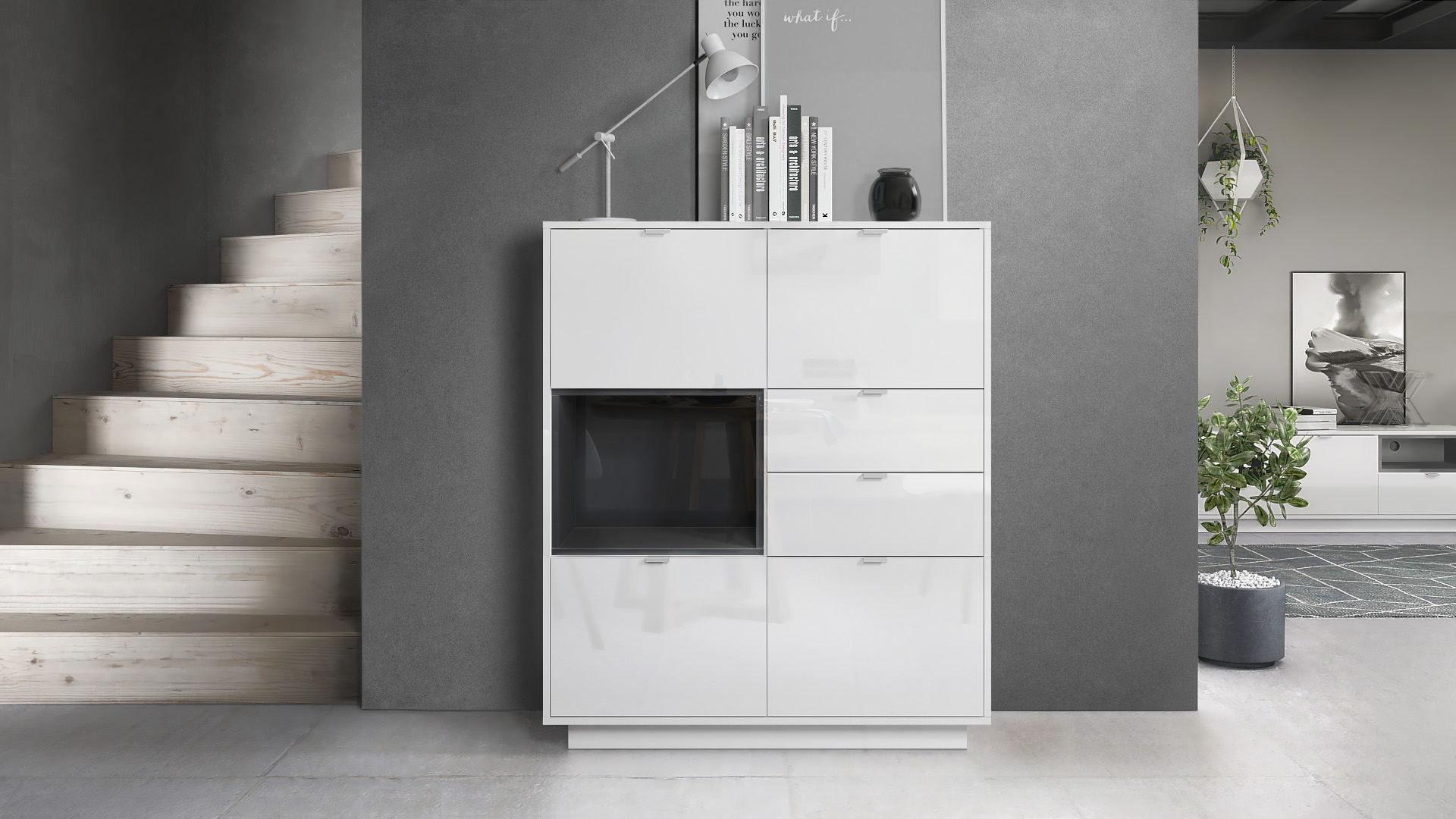 Highboard Metro  mit 4 Türen, 2 Schubladen und 1 offenem Fach Weiß Hochglanz/Schwarz Hochglanz (103 x 123 x 38 cm)