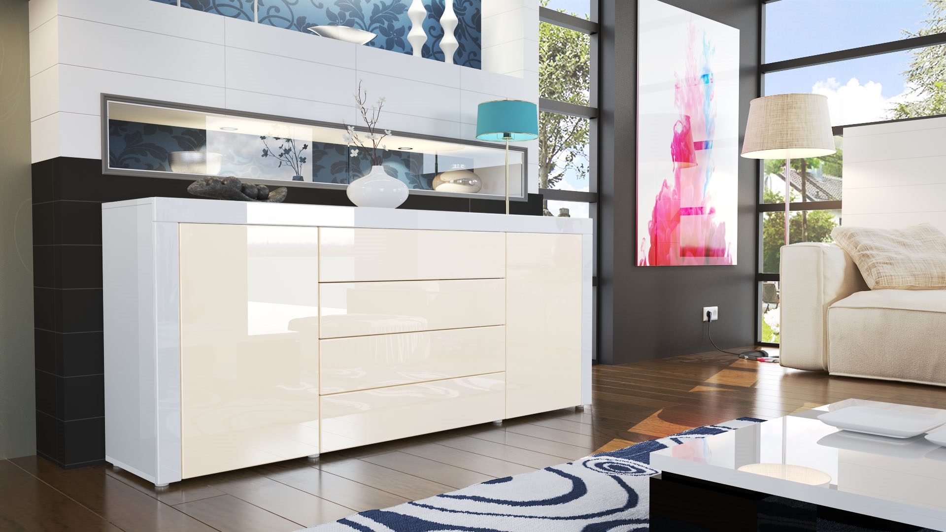 Sideboard La Paz mit 2 Türen und 4 Schubladen Creme Hochglanz / Weiß Hochglanz (167 x 72 x 35)
