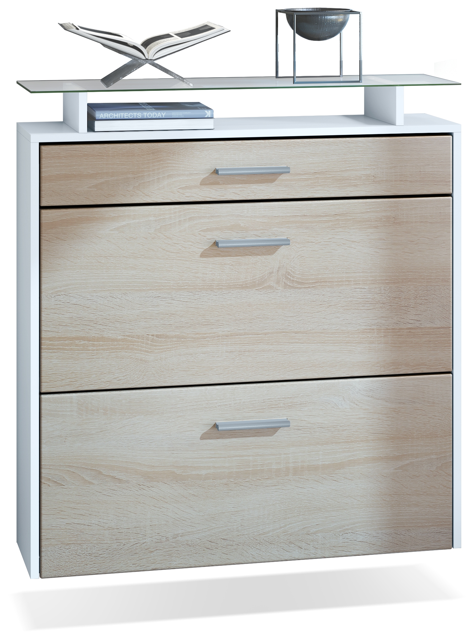 Schuhschrank Malea mit 2 Klappen und 1 Schublade und Glasablage Weiß matt/Eiche Sägerau (89 x 96 x 23 cm)