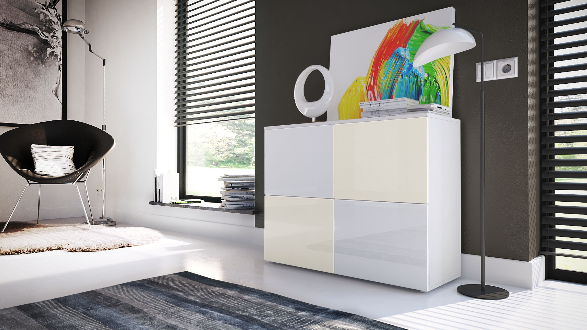 Kommode Rova mit 4 Türen Weiß matt/Weiß-Creme Hochglanz (92 x 72 x 35 cm)